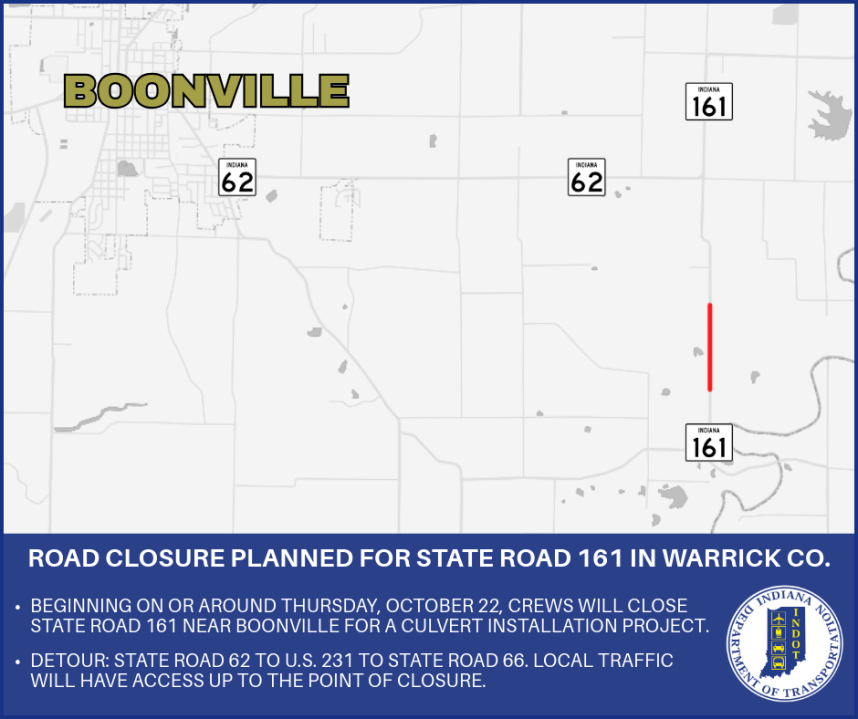 Road closure planned for State Road 161 in Warrick County - AOL