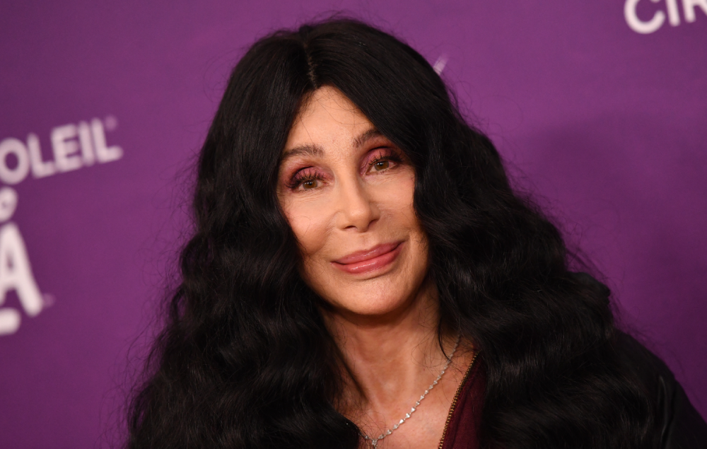 Cher with long, dark, wavy hair posing in front of a purple backdrop.