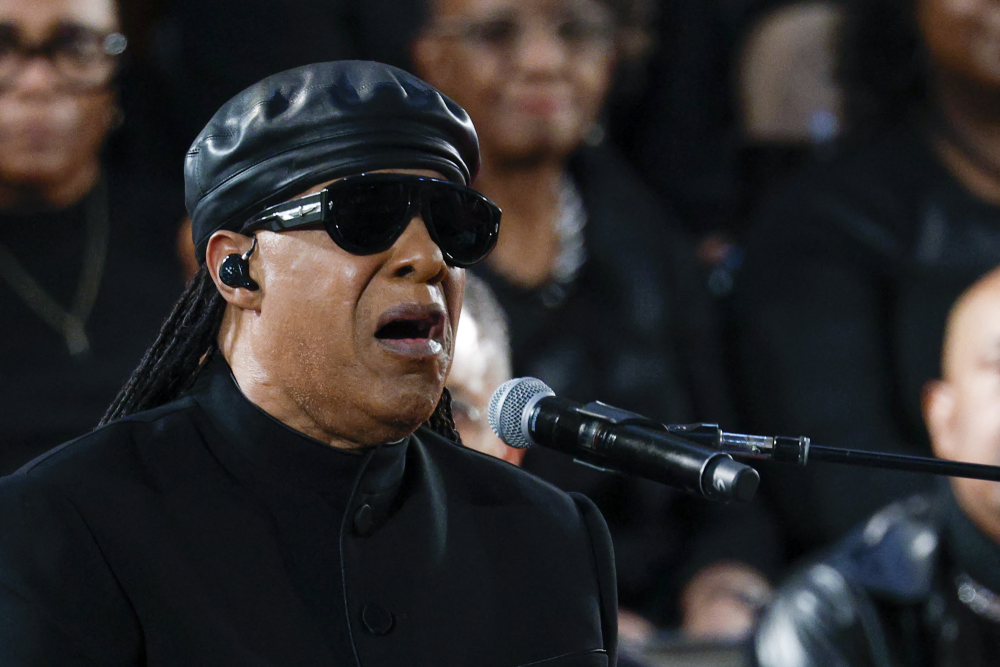 Stevie Wonder wearing dark sunglasses and a black leather cap, singing into a microphone.