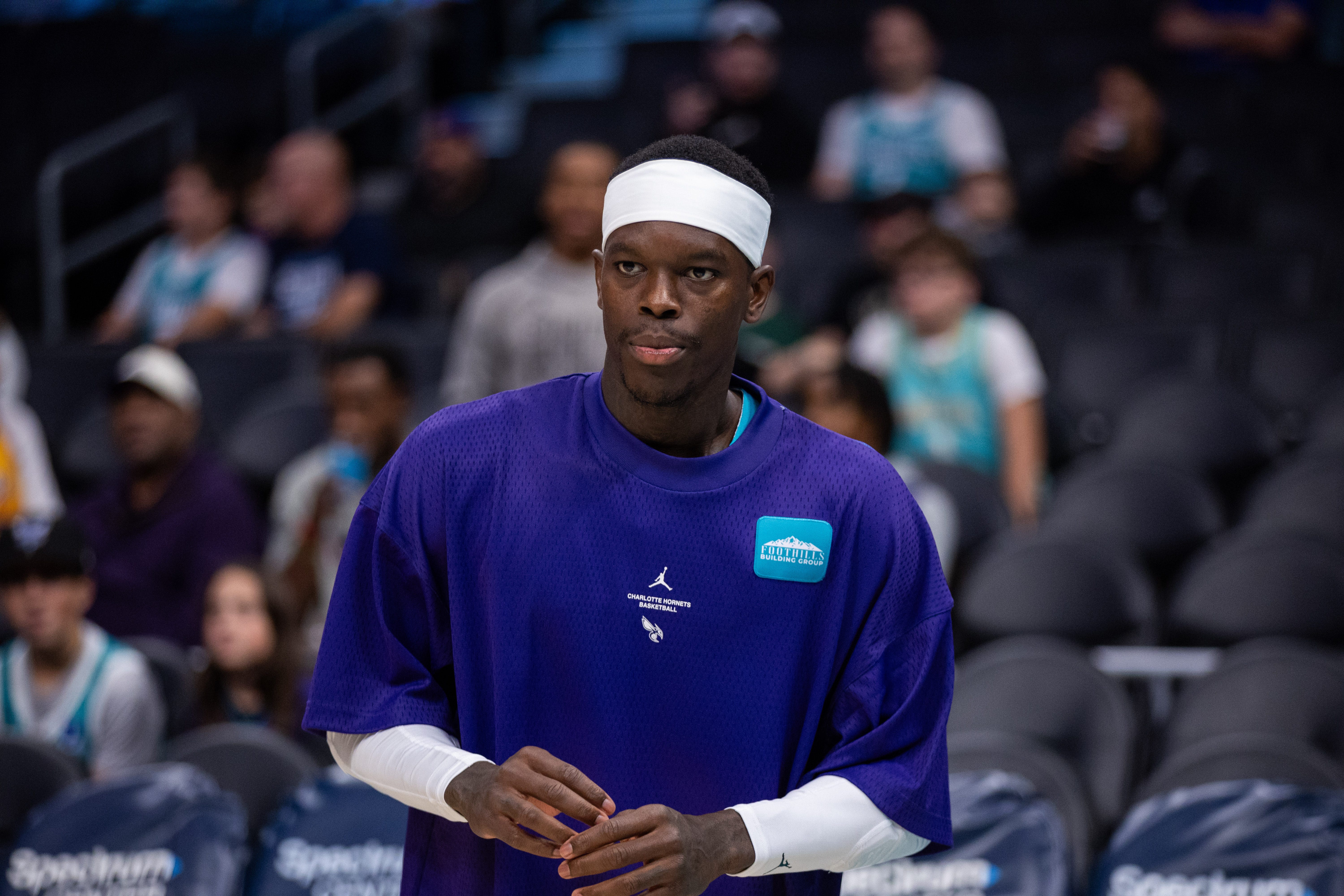 Oct 11, 2026; Charlotte, North Carolina, USA;  Charlotte Hornets guard Dennis Schroder (17) warms up against the Milwaukee Bucks at Spectrum Center.  Mandatory Credit: Scott Kinser-Imagn Images