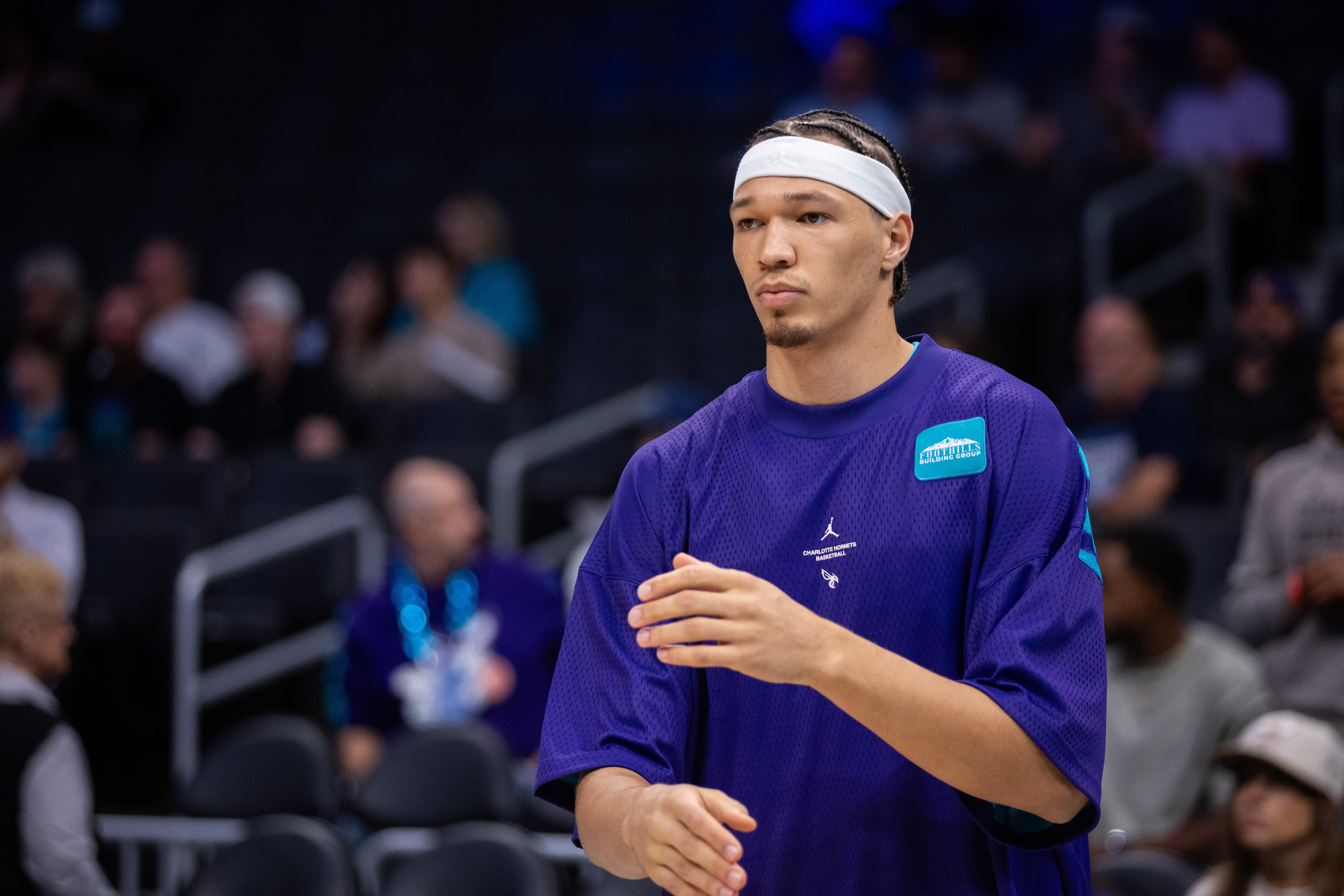 Oct 11, 2026; Charlotte, North Carolina, USA;  Charlotte Hornets forward Tidjane Salaun (31) warms up against the Milwaukee Bucks at Spectrum Center.  Mandatory Credit: Scott Kinser-Imagn Images