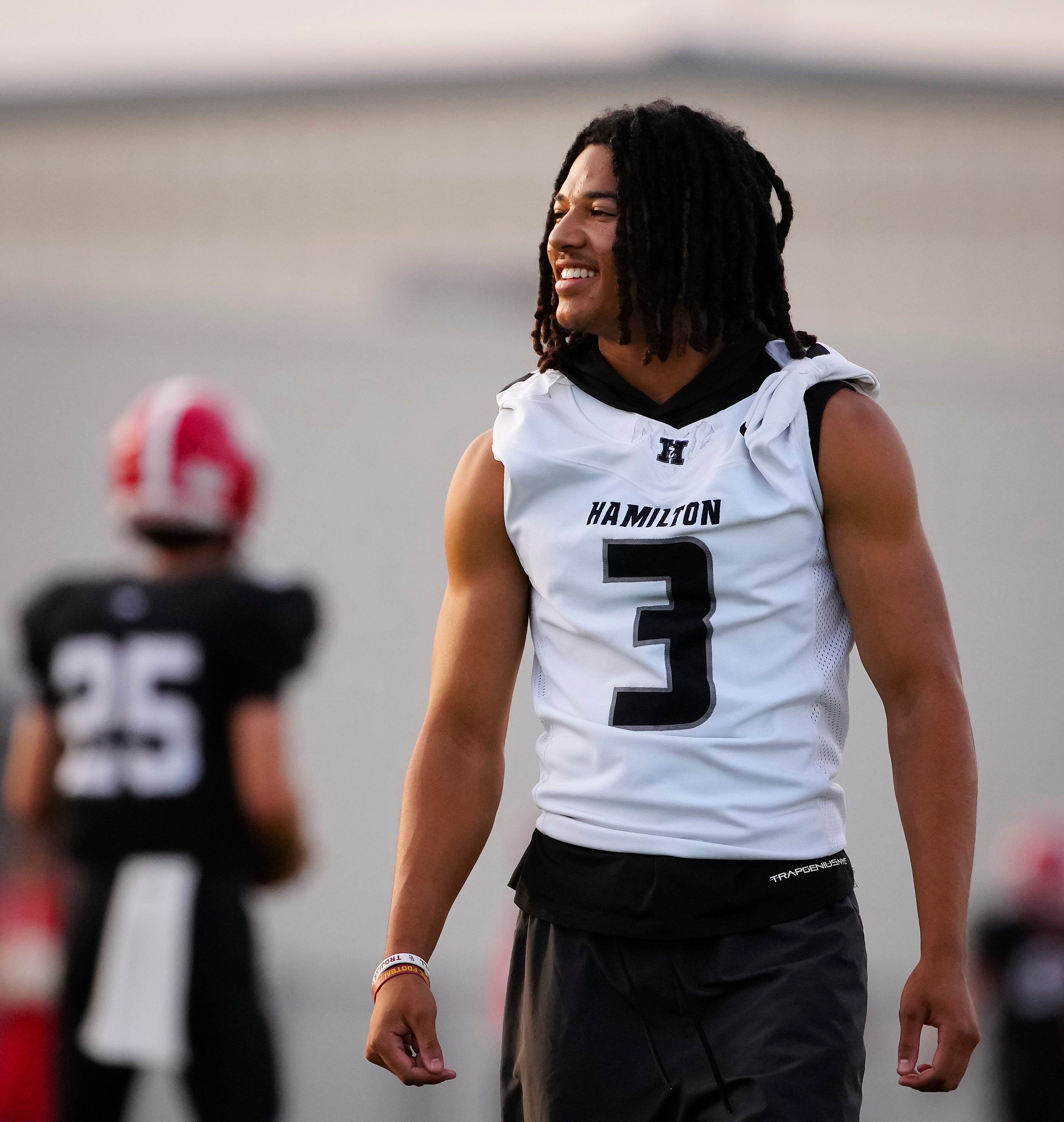Hamilton wide receiver Roye Oliver ||| (3) sits out the opening game against Brophy Prep at Central High School in Phoenix on Aug. 27, 2026.