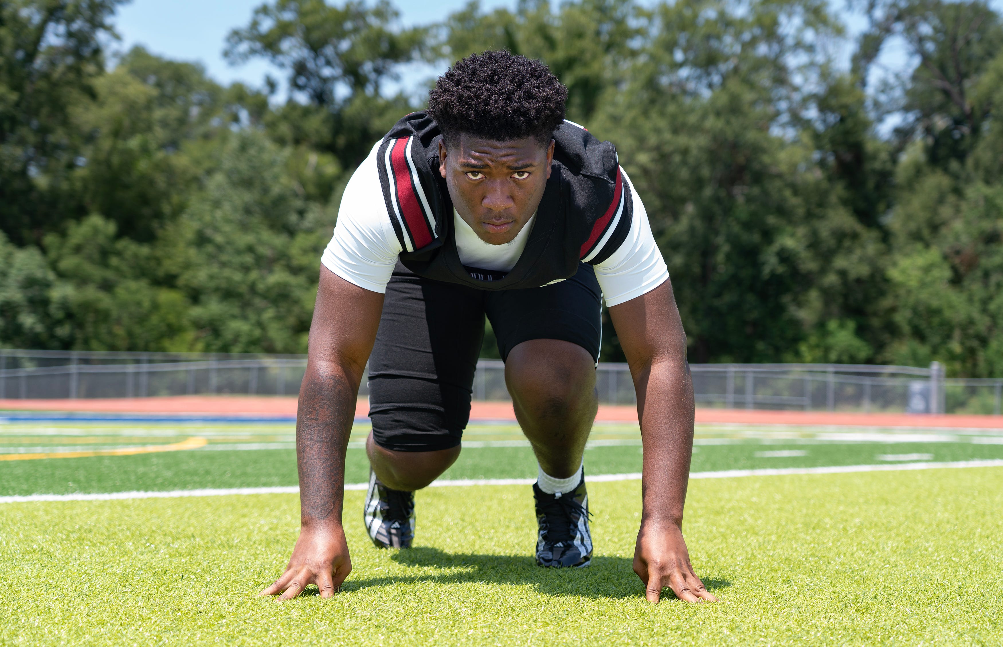 Louisville defensive end Mitchell Turner poses for a portrait at Ridgeland High School in Ridgeland, Miss., on Saturday, Aug. 1, 2026.