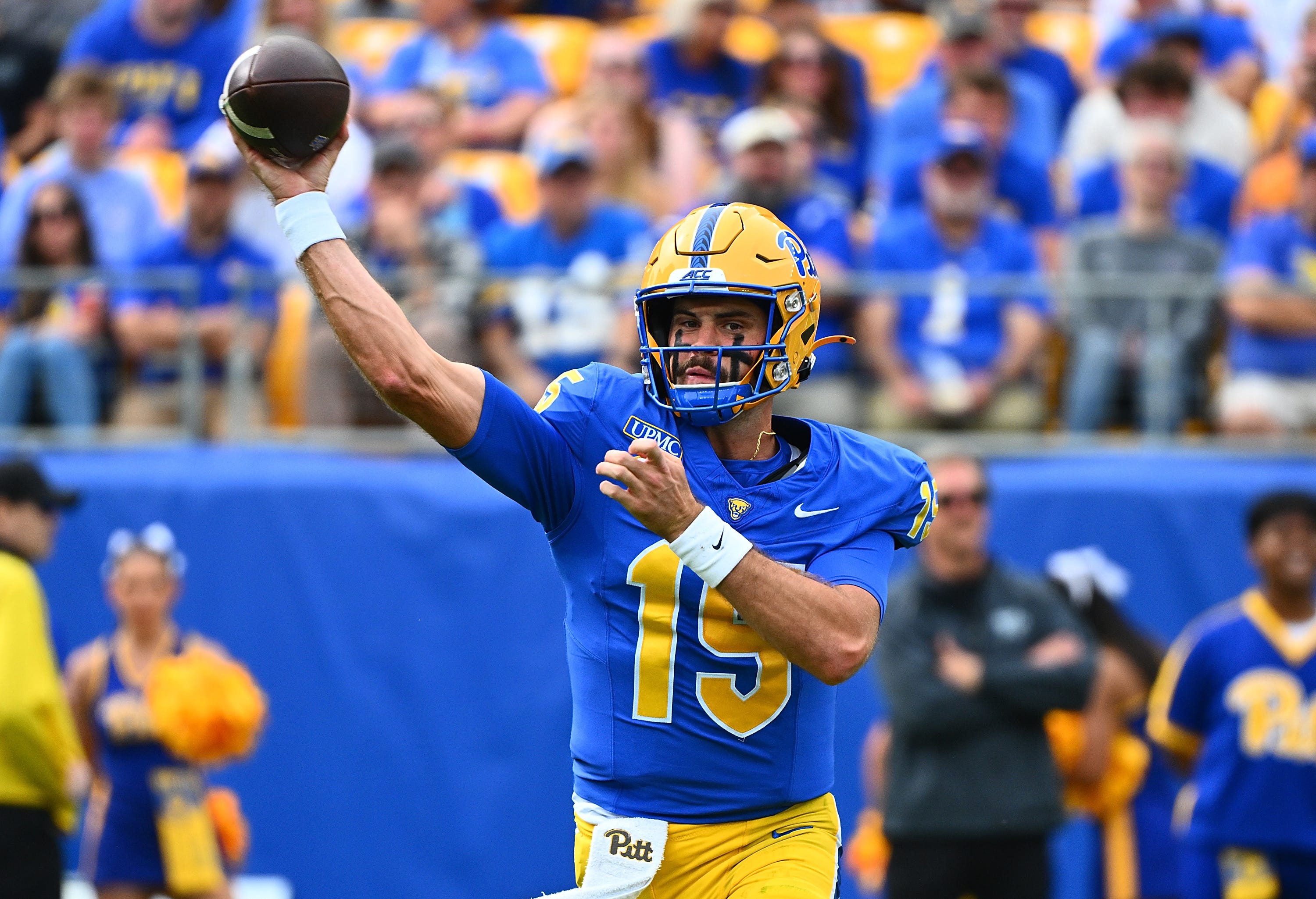 PITTSBURGH, PENNSYLVANIA - OCTOBER 10: Holden Geriner #15 of the Pittsburgh Panthers attempts a pass in the second quarter during the game against the North Carolina Tar Heels at Acrisure Stadium on October 10, 2026 in Pittsburgh, Pennsylvania. (Photo by Justin Berl/Getty Images)