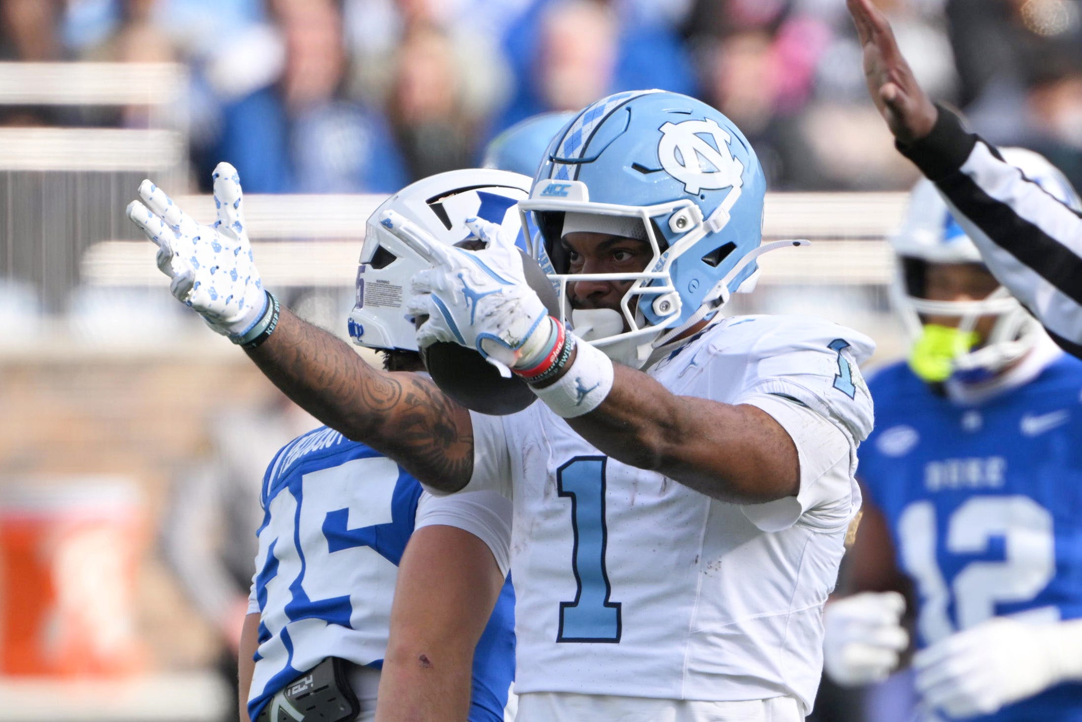 Oct 17, 2026; Durham, North Carolina, USA;  North Carolina Tar Heels wide receiver Jordan Shipp (1) celebrates against the Duke Blue Devils during the first quarter at Wallace Wade Stadium.  Mandatory Credit: Zachary Taft-Imagn Images
