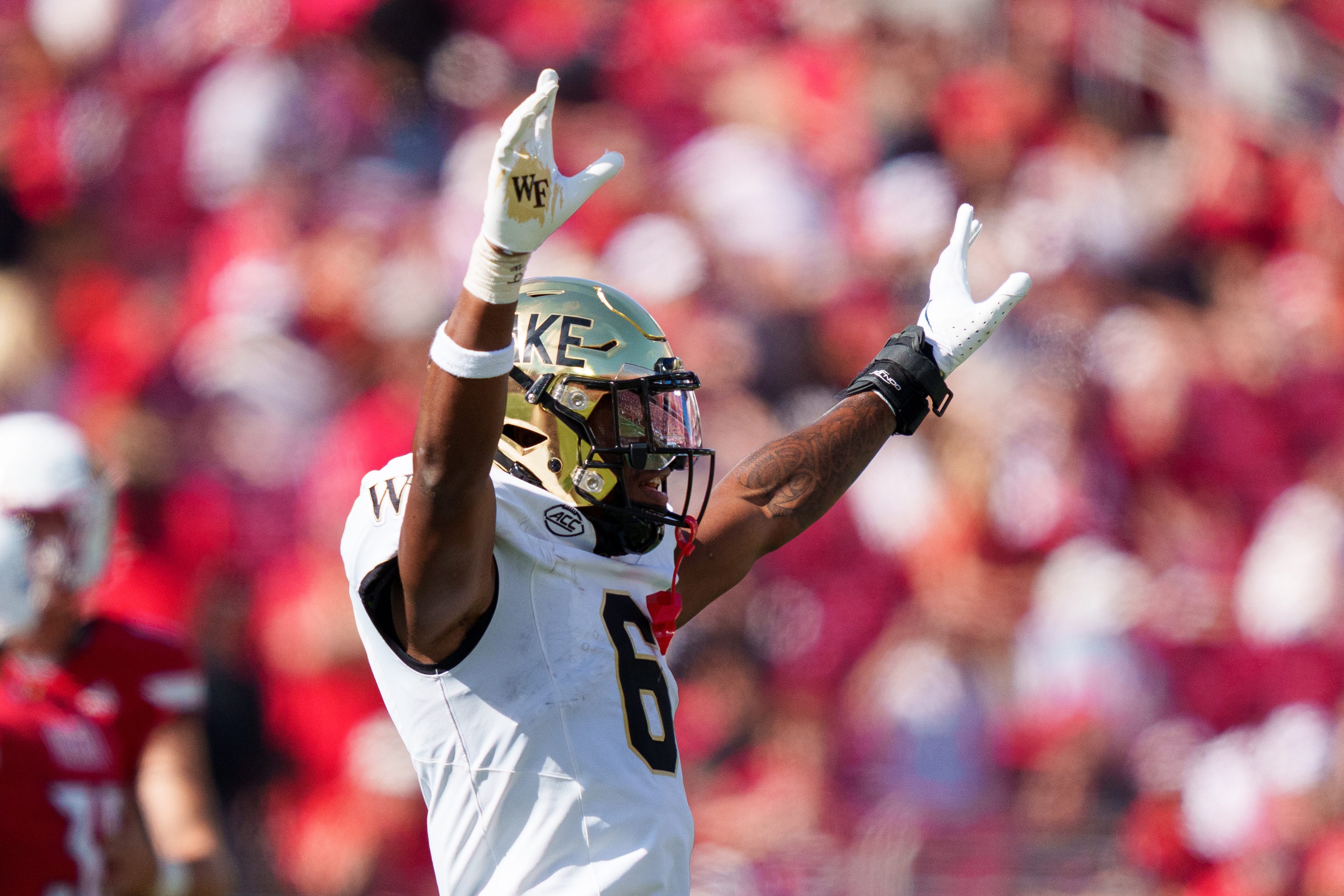 Sep 26, 2026; Louisville, Kentucky, USA;  Wake Forest Demon Deacons defensive back Rushaun Tongue (6) celebrates after successful block during the fourth quarter against the Louisville Cardinals at L&amp;N Federal Credit Union Stadium.  Mandatory Credit: Chris Carter-Imagn Images