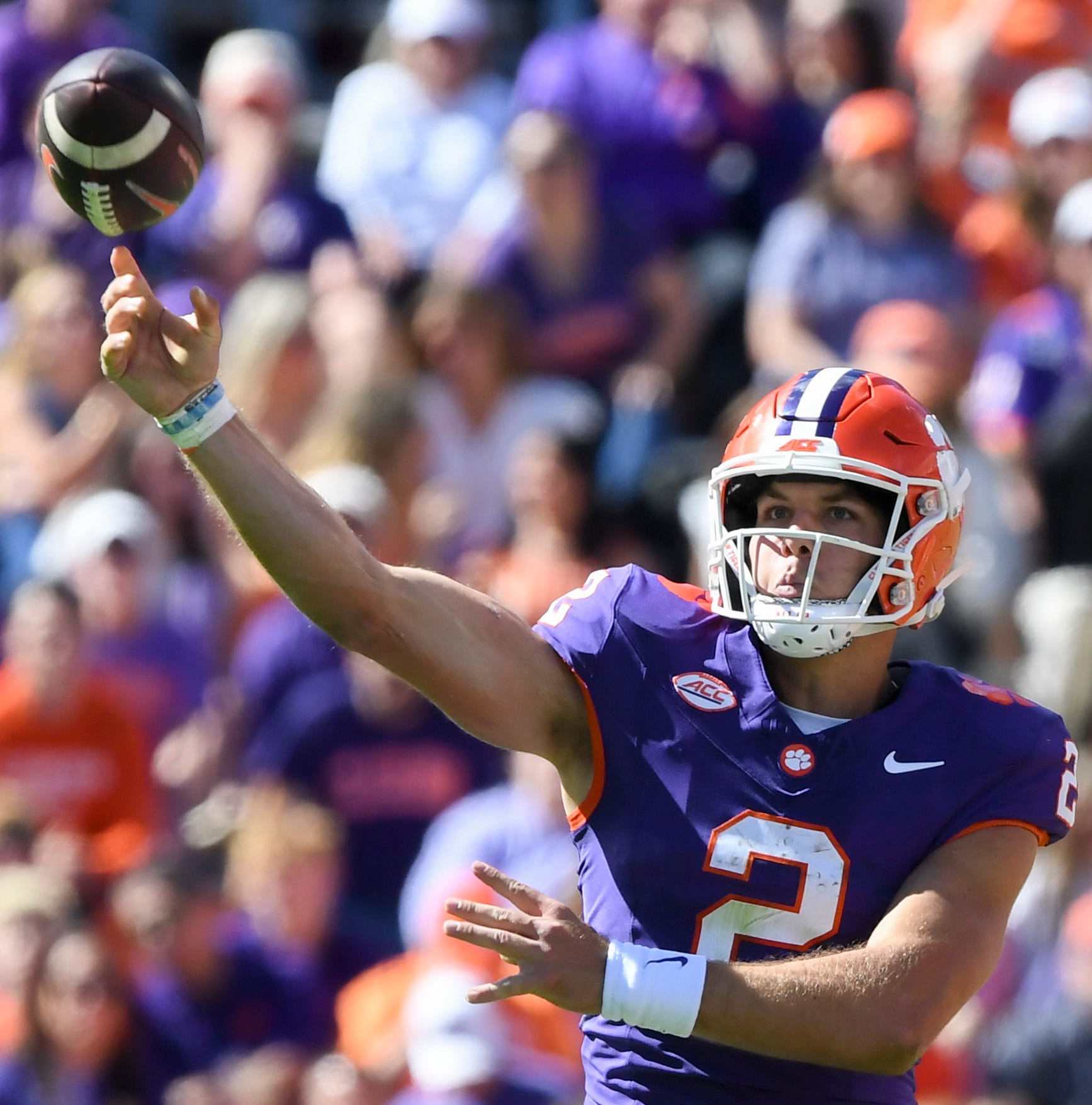 Clemson Tigers quarterback Tait Reynolds (2) passes the ball during the NCAA football game Saturday, Oct. 17, 2026 against the Charleston Southern Buccaneers at Memorial Stadium in Clemson, South Carolina.
