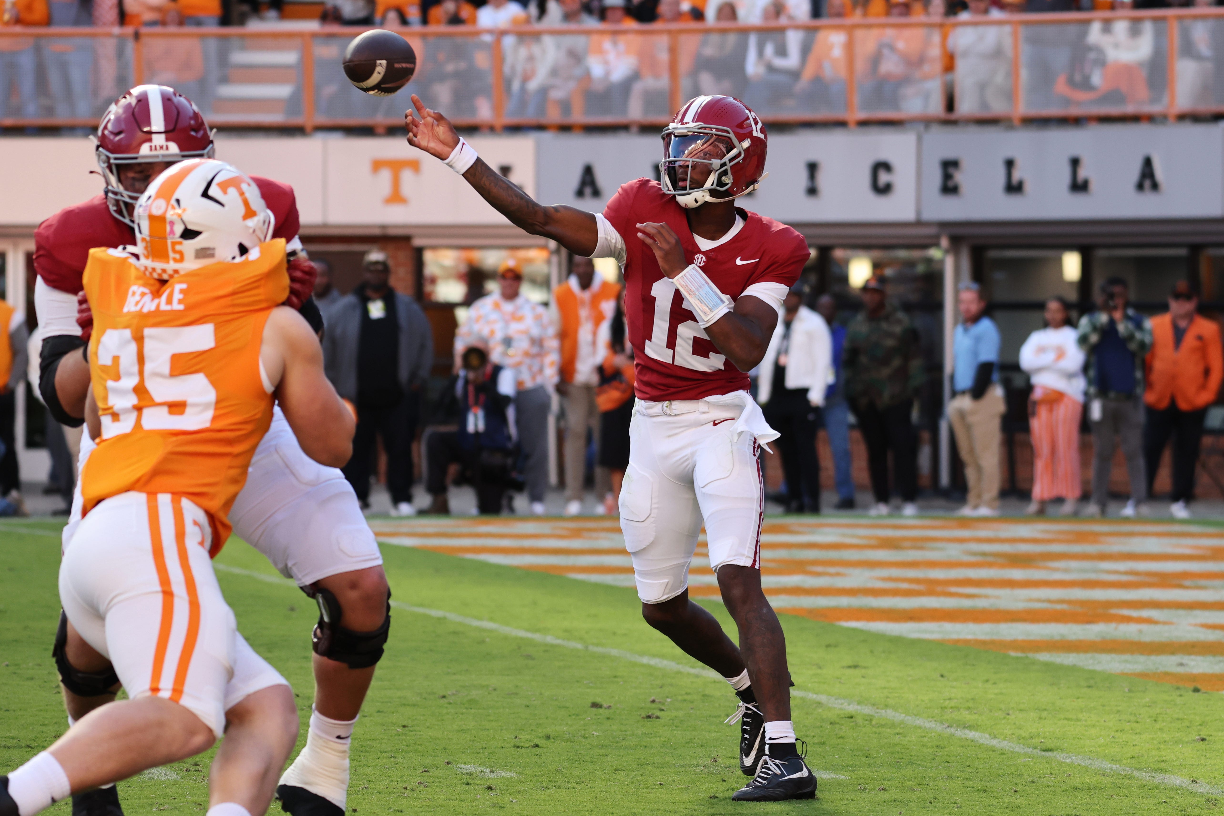Oct 17, 2026; Knoxville, Tennessee, USA;  Alabama Crimson Tide quarterback Keelon Russell (12) passes against the Tennessee Volunteers during the first half at Neyland Stadium.  Mandatory Credit: Randy Sartin-Imagn Images