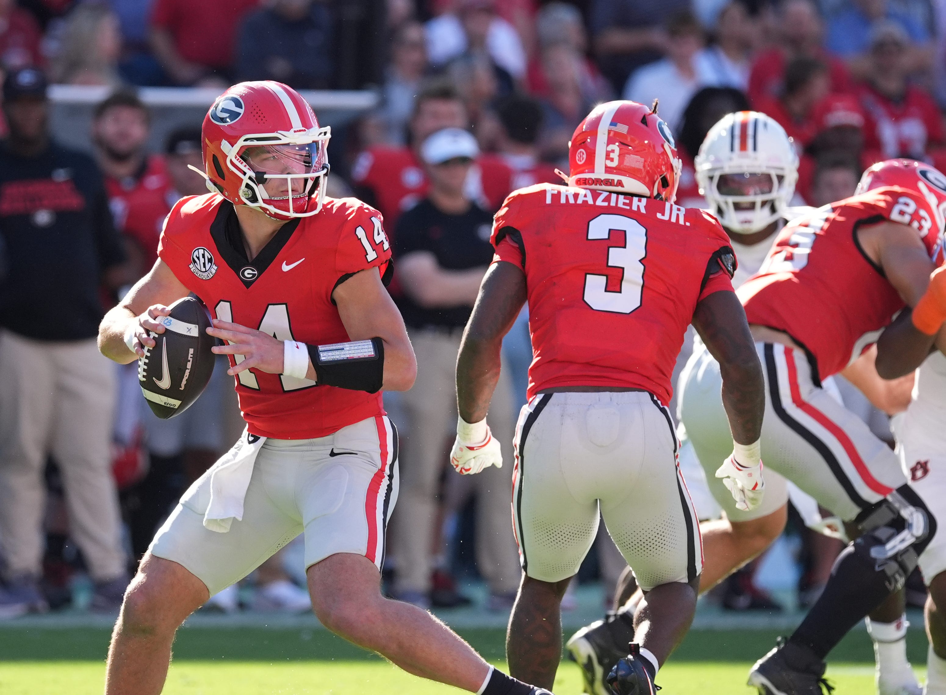 Oct 17, 2026; Athens, Georgia, USA;  Georgia quarterback Gunner Stockton (14) looks to throw downfield during the first quarter against Auburn at Sanford Stadium.  Mandatory Credit: Dale Zanine-Imagn Images