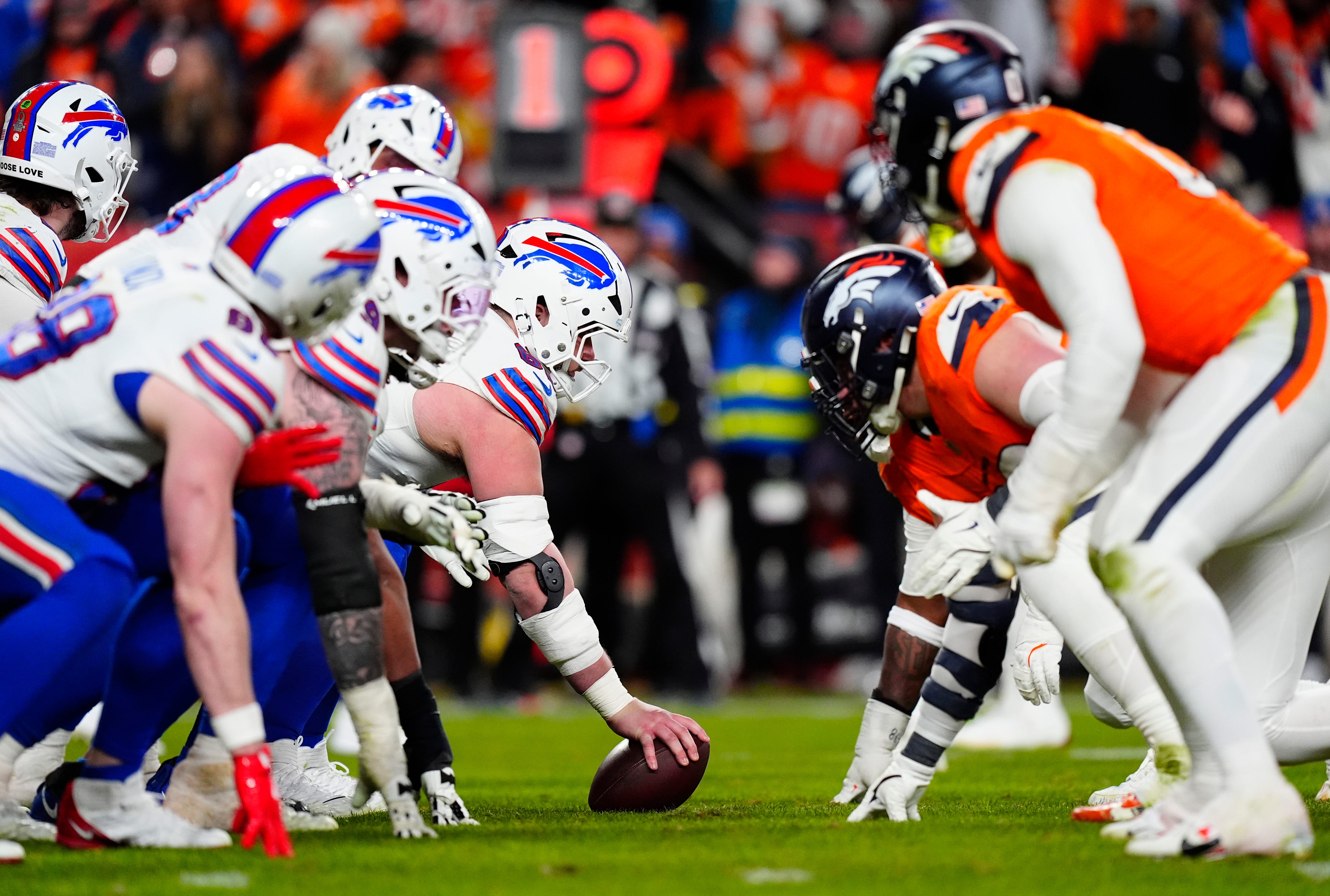 Jan 17, 2026; Denver, CO, USA; The Buffalo Bills line up against the Denver Broncos during overtime of an AFC Divisional Round playoff game at Empower Field at Mile High. Mandatory Credit: Ron Chenoy-Imagn Images