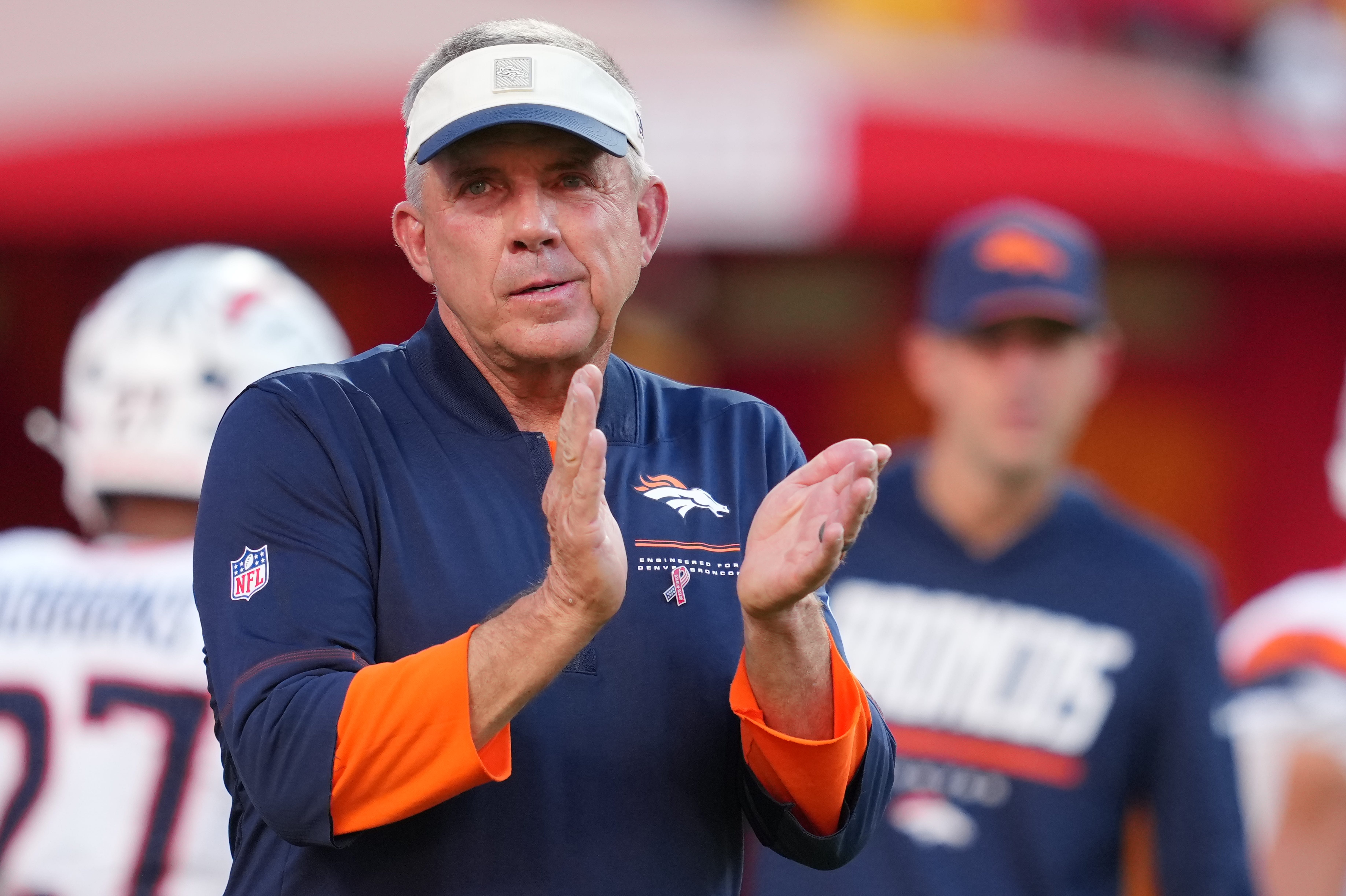 Sep 14, 2026; Kansas City, Missouri, USA;  Denver Broncos head coach Sean Payton reacts before the game at GEHA Field at Arrowhead Stadium.  Mandatory Credit: Jay Biggerstaff-Imagn Images