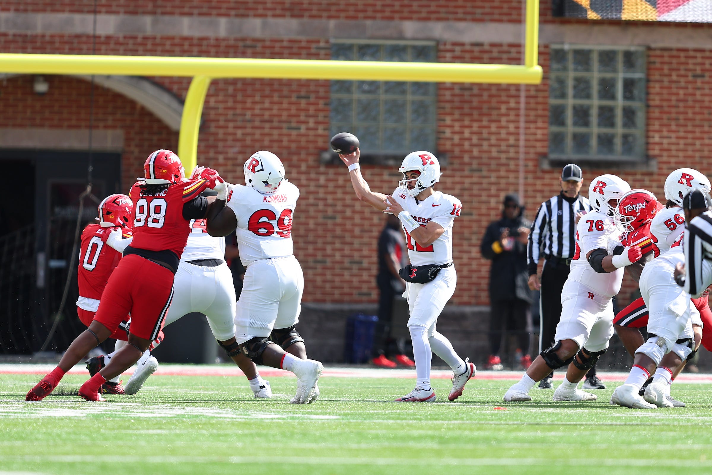 Rutgers football QB Dylan Lonergan throws a pass during the Scarlet Knights' 37-30 win over Maryland on Oct. 17, 2026 at SECU Stadium in College Park, Maryland. 
