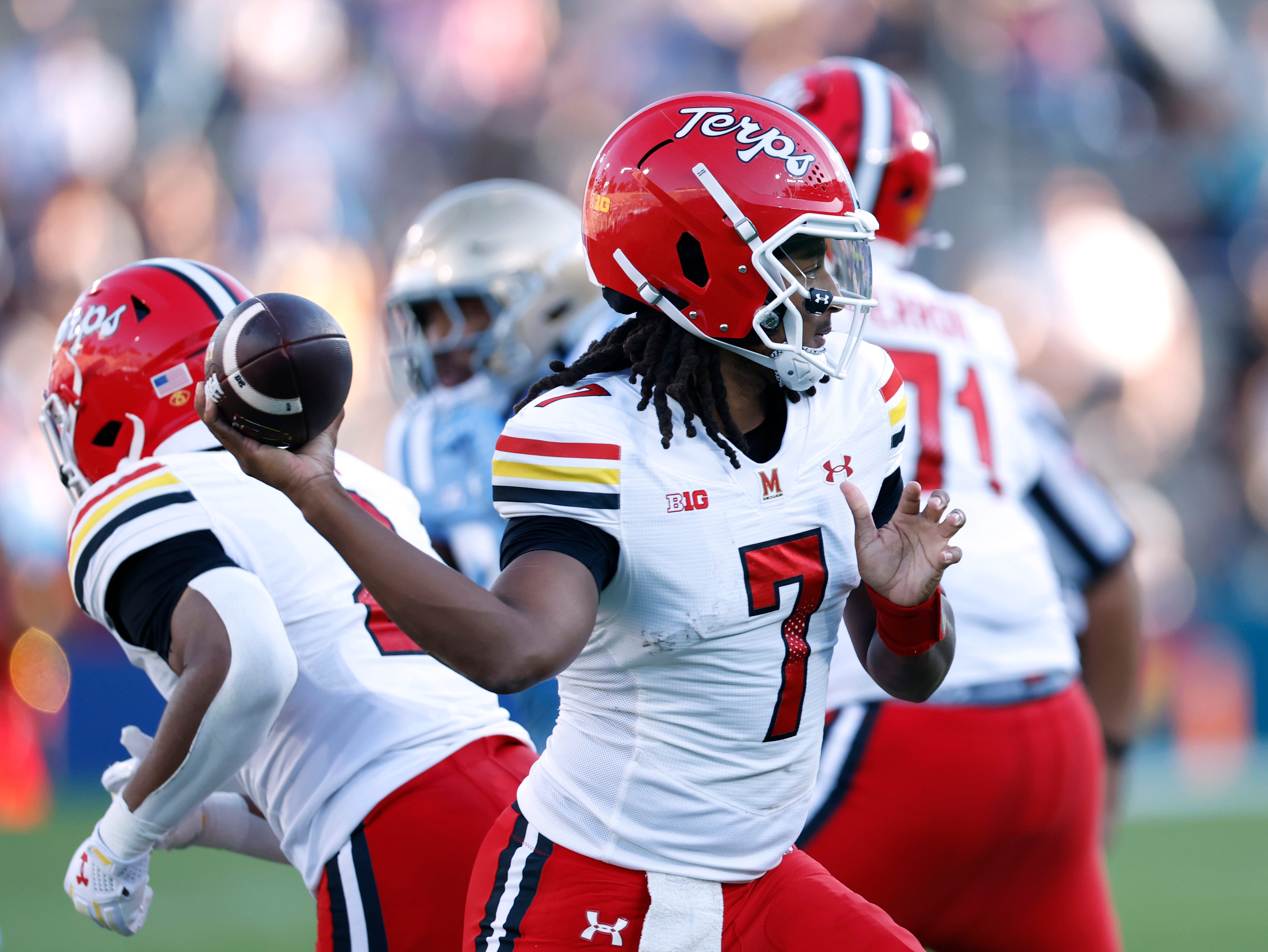 Malik Washington of the Maryland Terrapins passes during the first half between the Maryland Terrapins and the UCLA Bruins at Rose Bowl Stadium on October 18, 2025 in Pasadena, California.