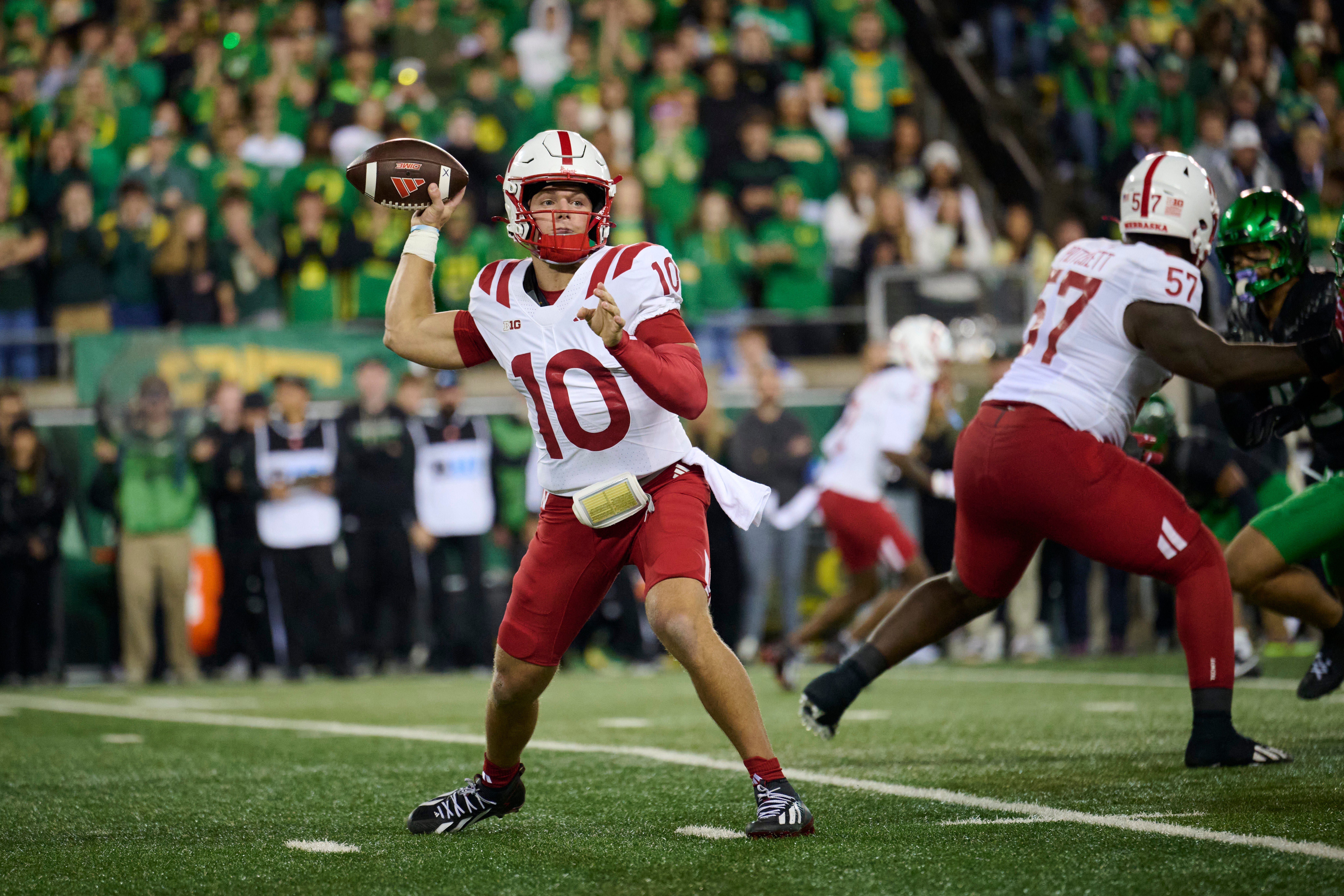 Oct 17, 2026; Eugene, Oregon, USA; Nebraska Cornhuskers quarterback Anthony Colandrea (10)   throws a pass during the first half against the Oregon Ducks at Autzen Stadium. Mandatory Credit: Troy Wayrynen-Imagn Images