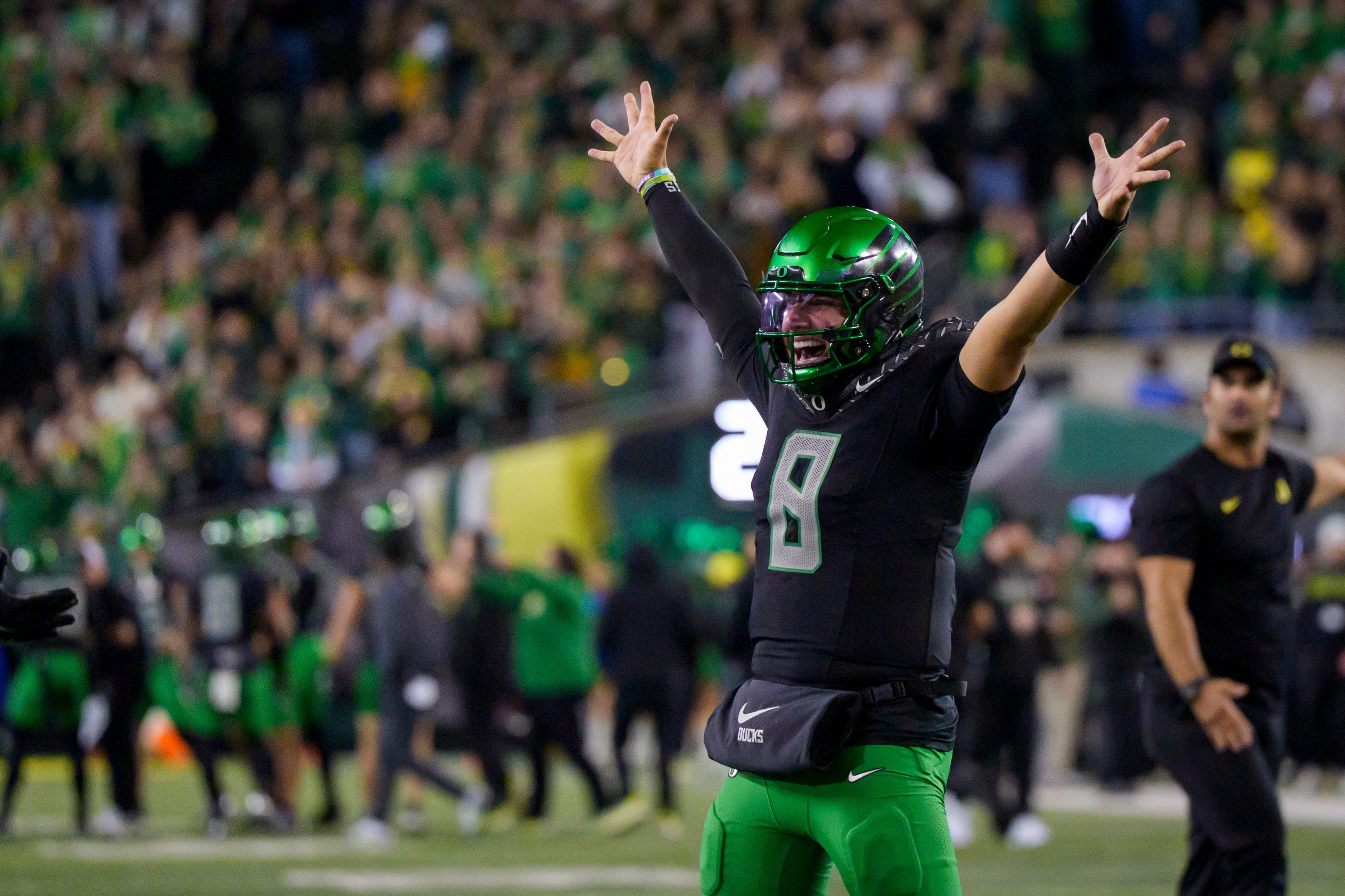 Oregon Ducks quarterback Dylan Raiola celebrates as the Oregon Ducks host the Nebraska Cornhuskers on Oct. 17, 2026, at Autzen Stadium in Eugene, Oregon.
