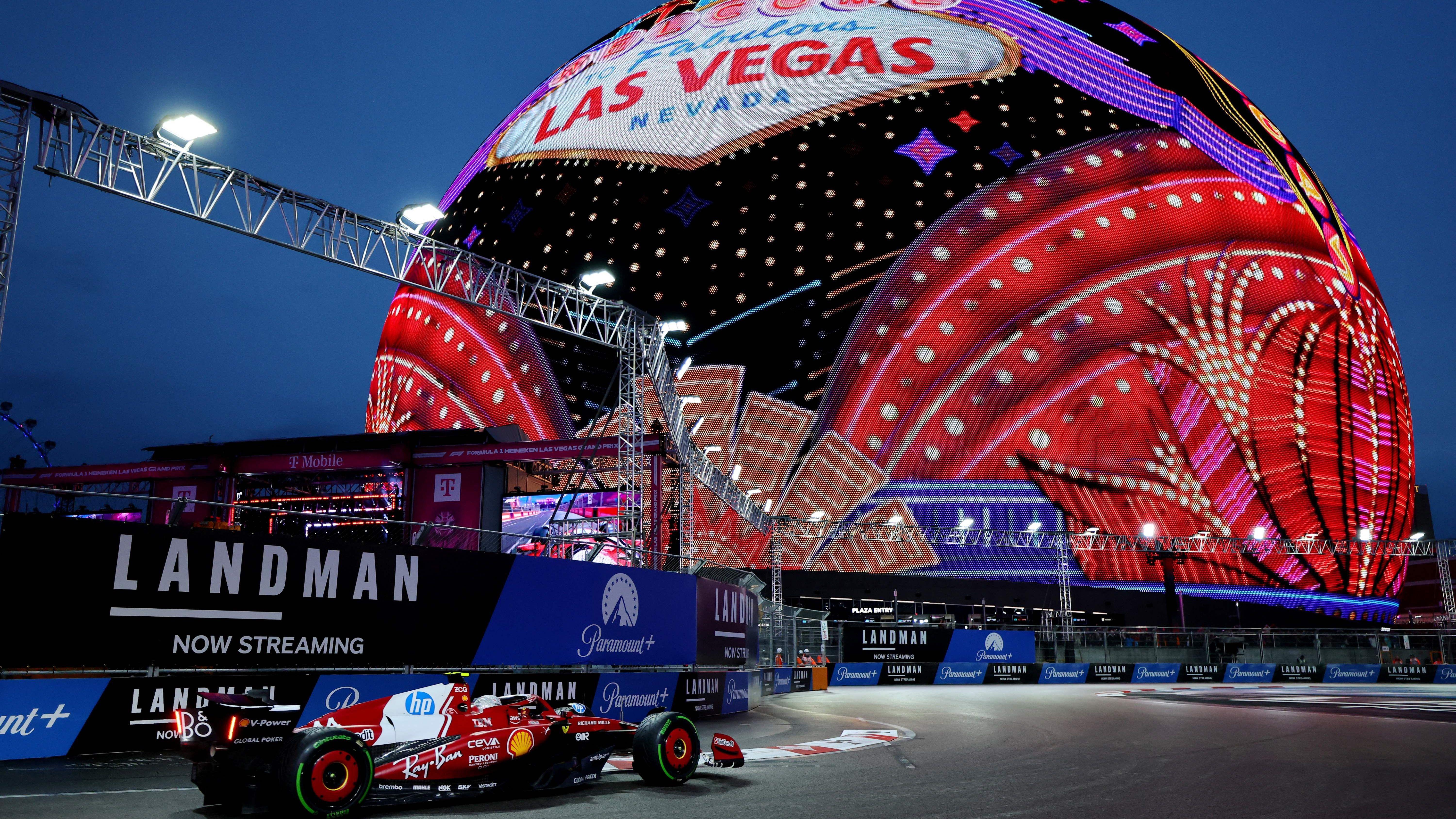 Ferrari's Lewis Hamilton drives past the Las Vegas sphere during the 2025 Las Vegas Grand Prix