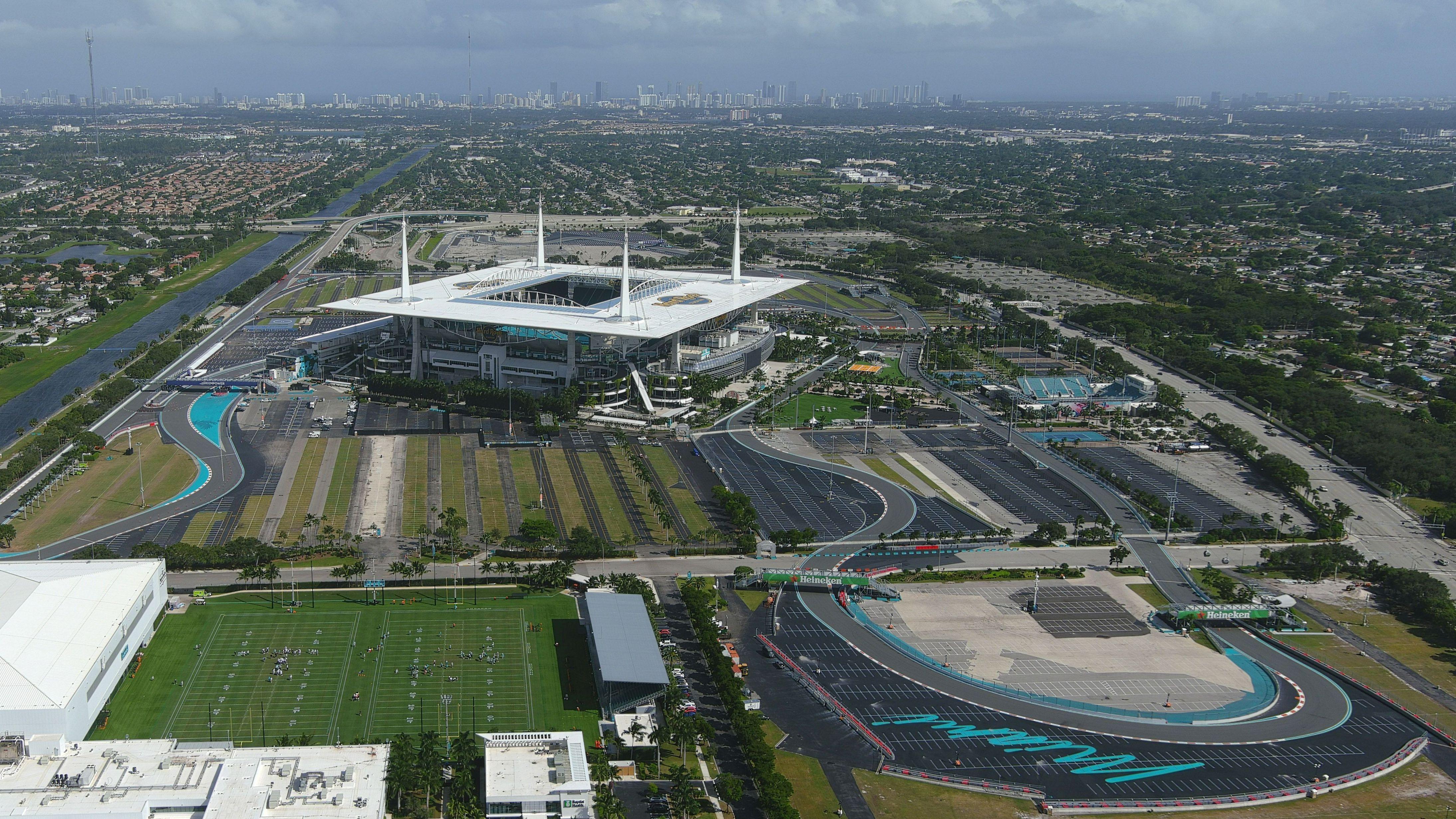An aerial view of the Miami International Autodrome circuit, which goes around the Hard Rock Stadium