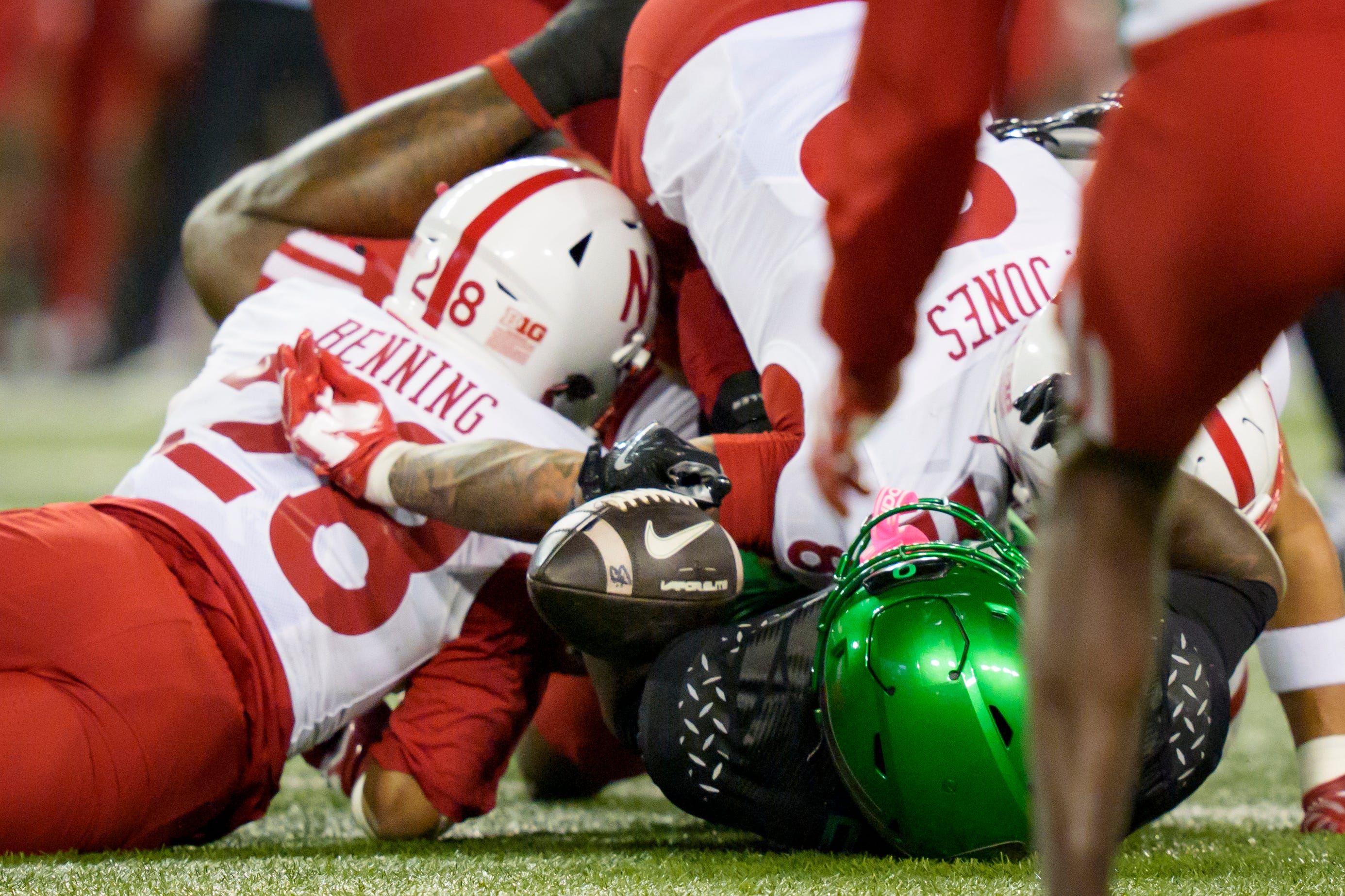 Oregon Ducks running back Jordon Davison fumbles the ball as the Oregon Ducks host the Nebraska Cornhuskers on Oct. 17, 2026, at Autzen Stadium in Eugene, Oregon.