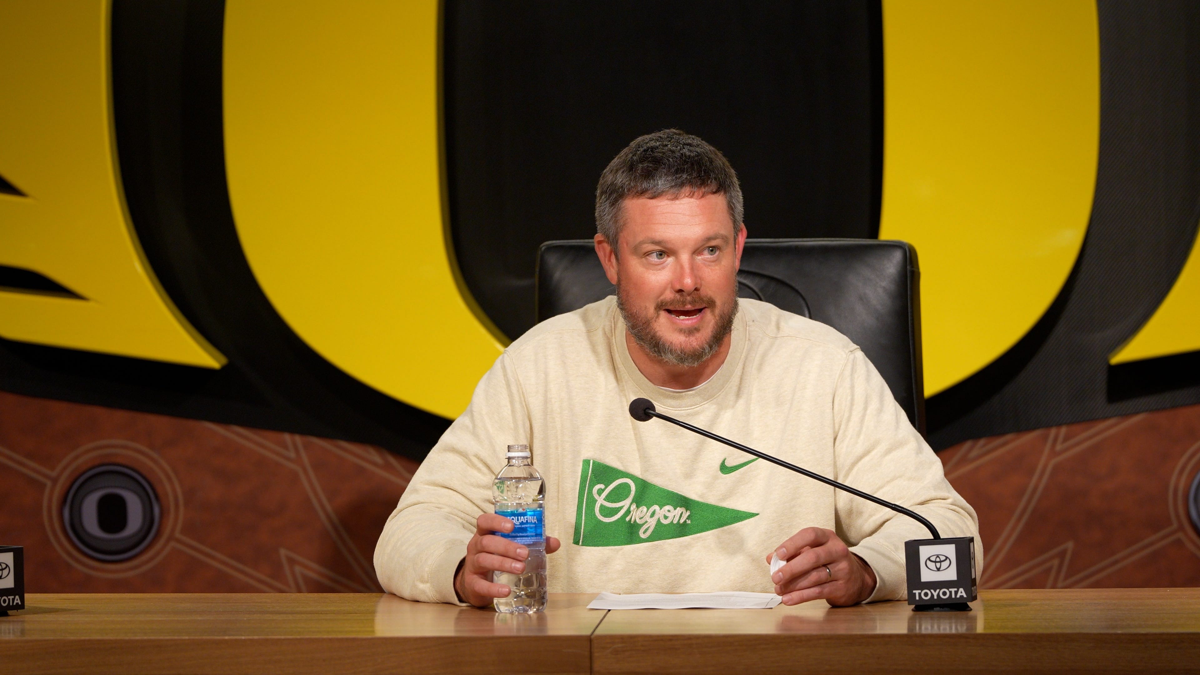 Oregon coach Dan Lanning speaks during a press availability on Aug. 31, 2026, at the Hatfield-Dowlin Complex in Eugene, Oregon.