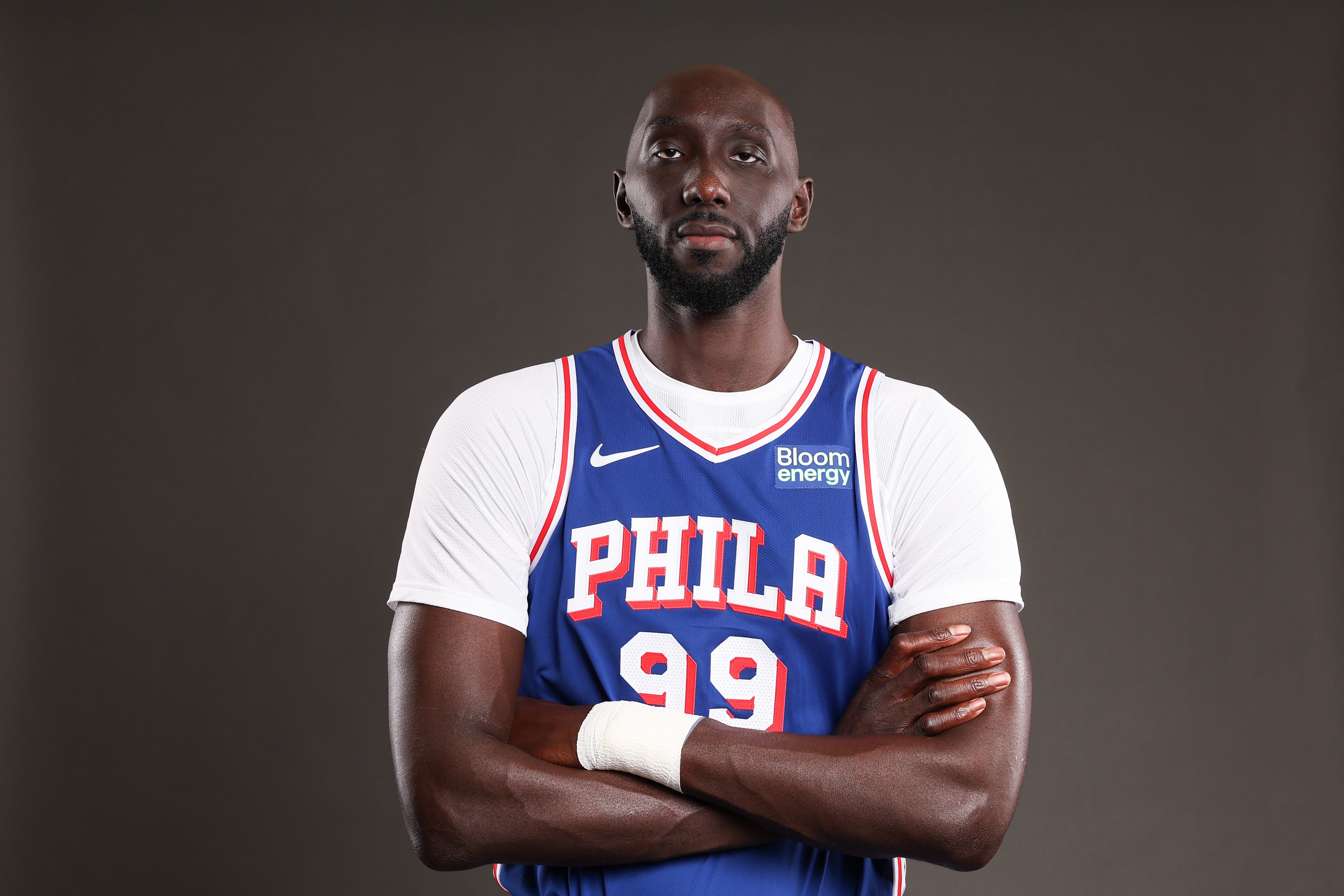 Sep 28, 2026; Camden, NJ, USA; Philadelphia 76ers Tacko Fall poses for a photo during media day. Mandatory Credit: Bill Streicher-Imagn Images