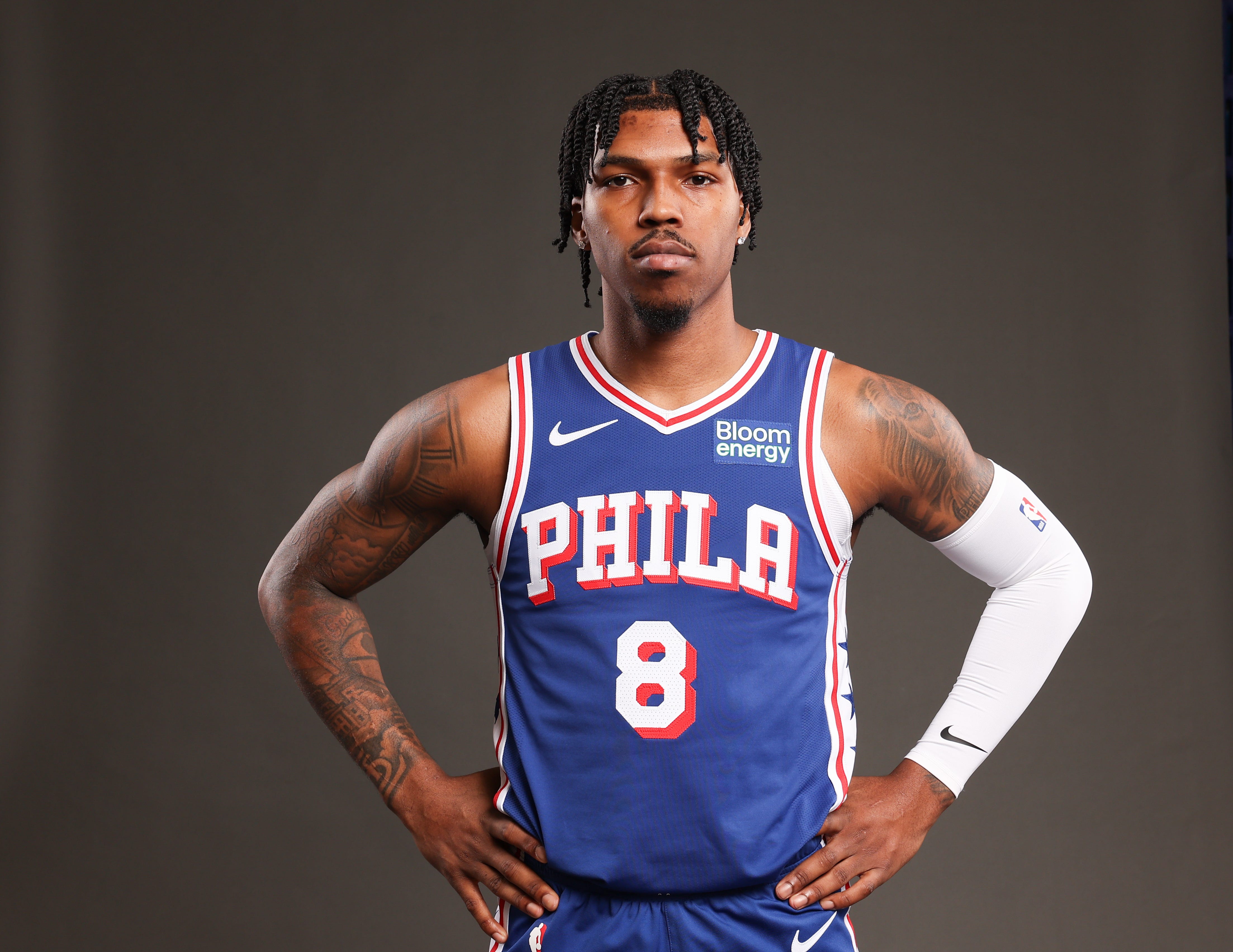 Sep 28, 2026; Camden, NJ, USA; Philadelphia 76ers' Caleb Love poses for a photo during media day. Mandatory Credit: Bill Streicher-Imagn Images