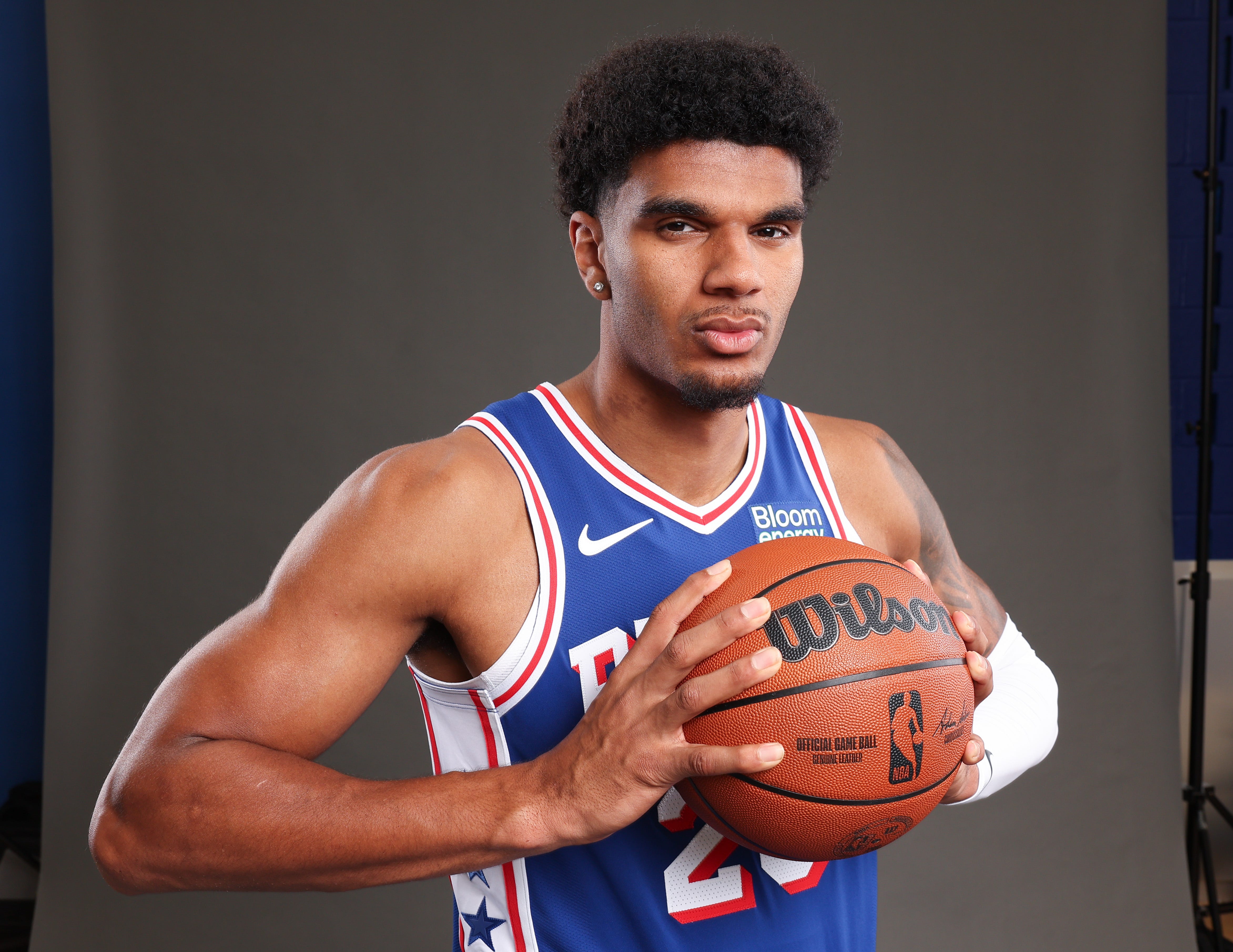 Sep 28, 2026; Camden, NJ, USA; Philadelphia 76ers Dominick Barlow poses for a photo during media day. Mandatory Credit: Bill Streicher-Imagn Images