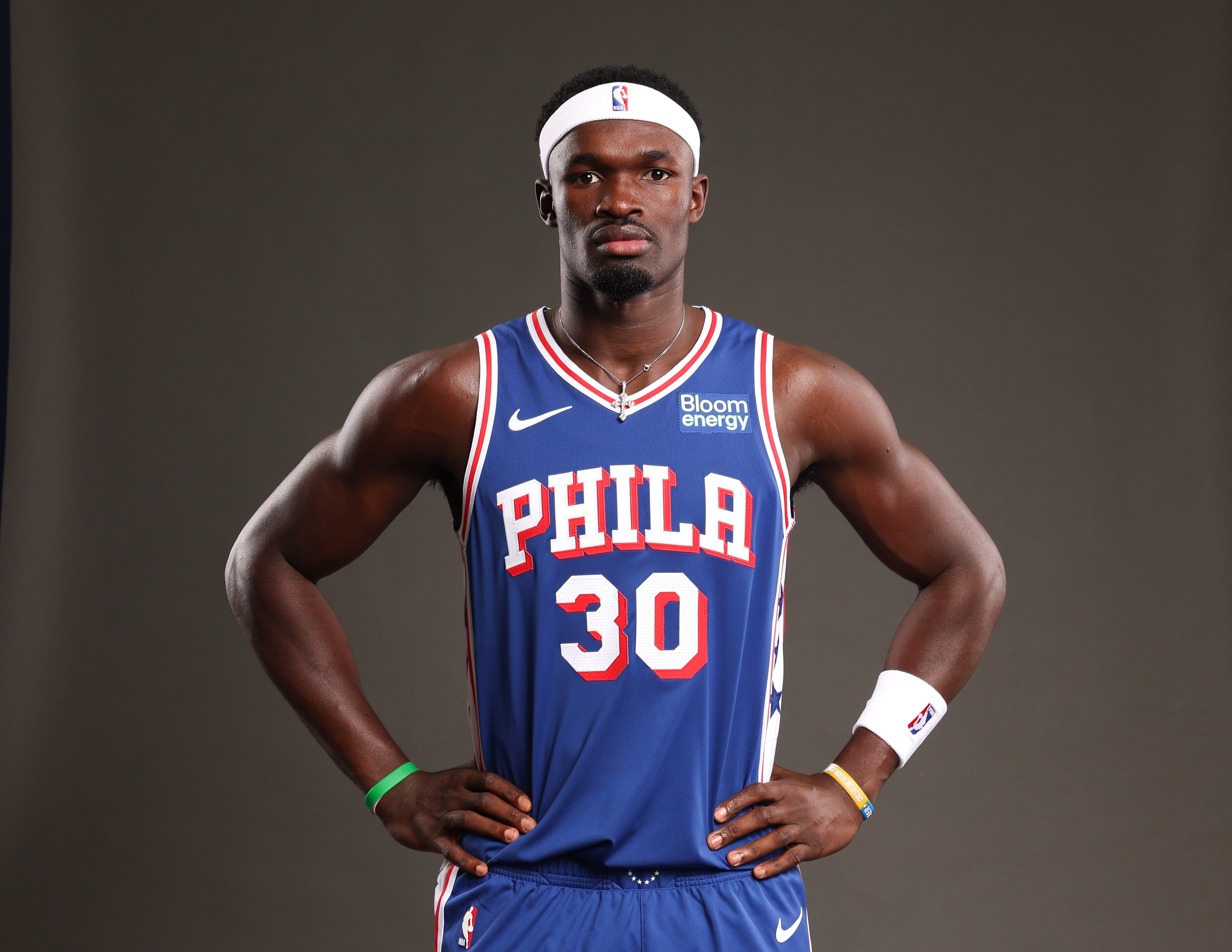 Sep 28, 2026; Camden, NJ, USA; Philadelphia 76ers Adem Bona poses for a photo during media day. Mandatory Credit: Bill Streicher-Imagn Images