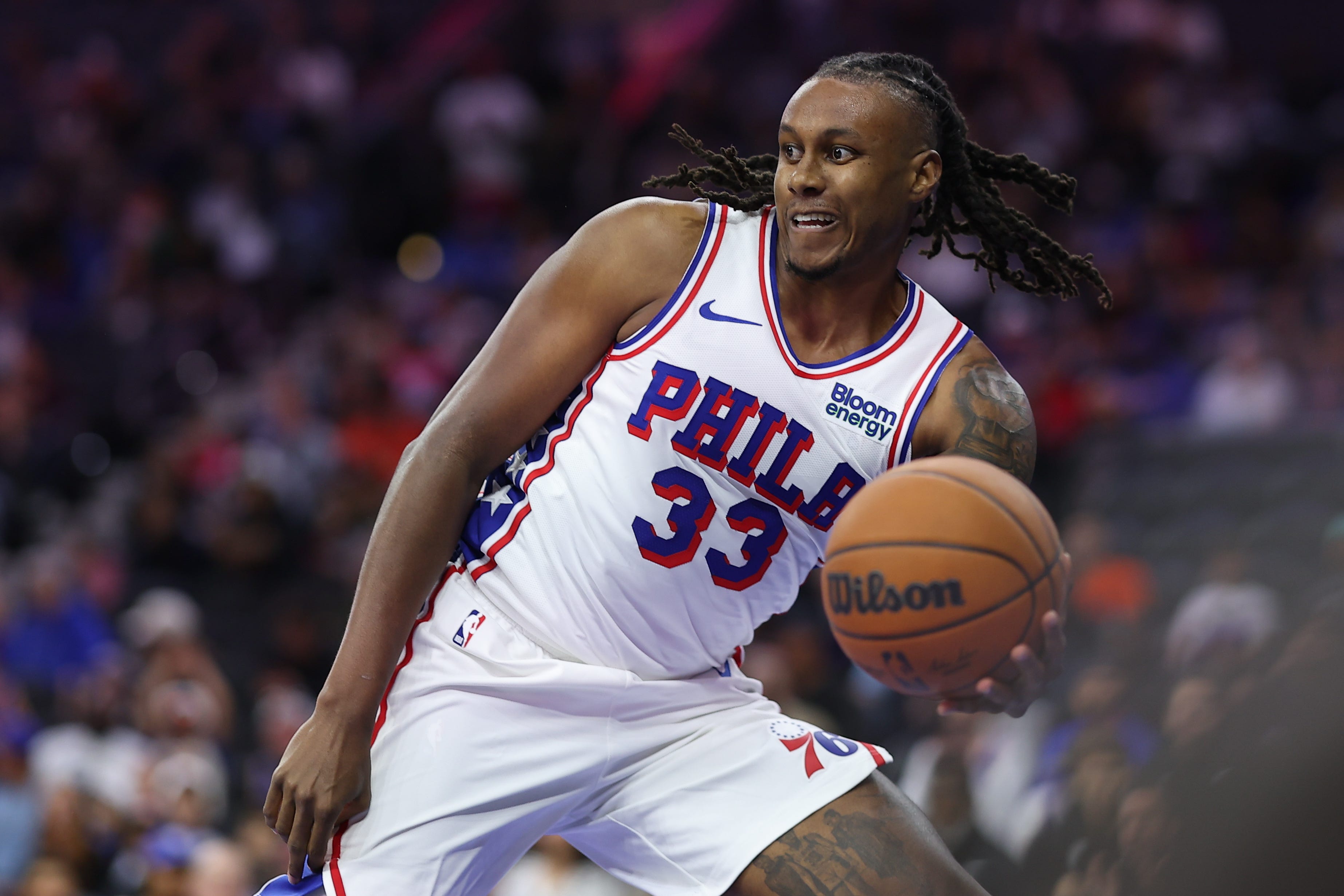 Oct 5, 2026; Philadelphia, Pennsylvania, USA; Philadelphia 76ers forward Jabari Walker (33) passes the ball against the New York Knicks during the first quarter at Xfinity Mobile Arena. Mandatory Credit: Bill Streicher-Imagn Images