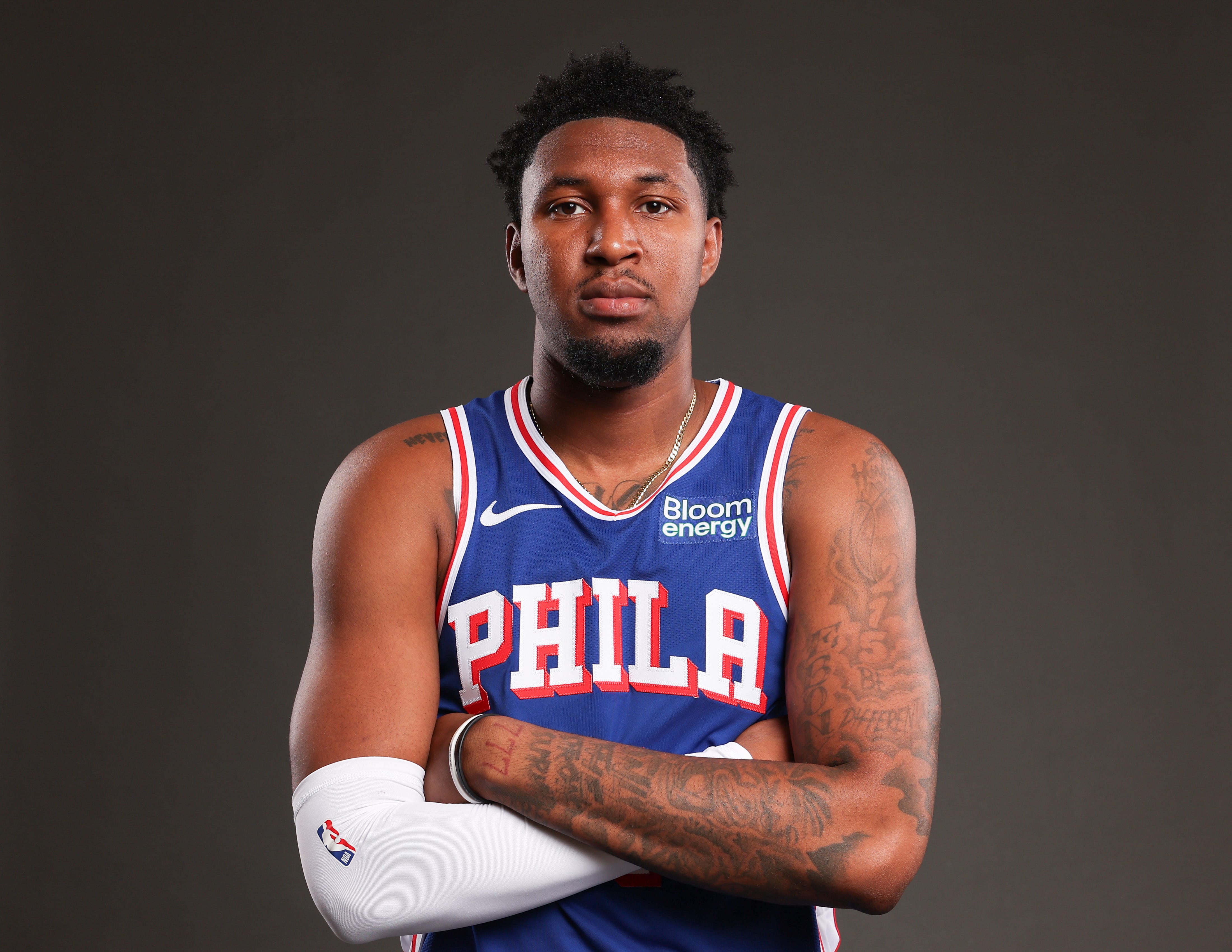 Sep 28, 2026; Camden, NJ, USA; Philadelphia 76ers Justin Edwards poses for a photo during media day. Mandatory Credit: Bill Streicher-Imagn Images