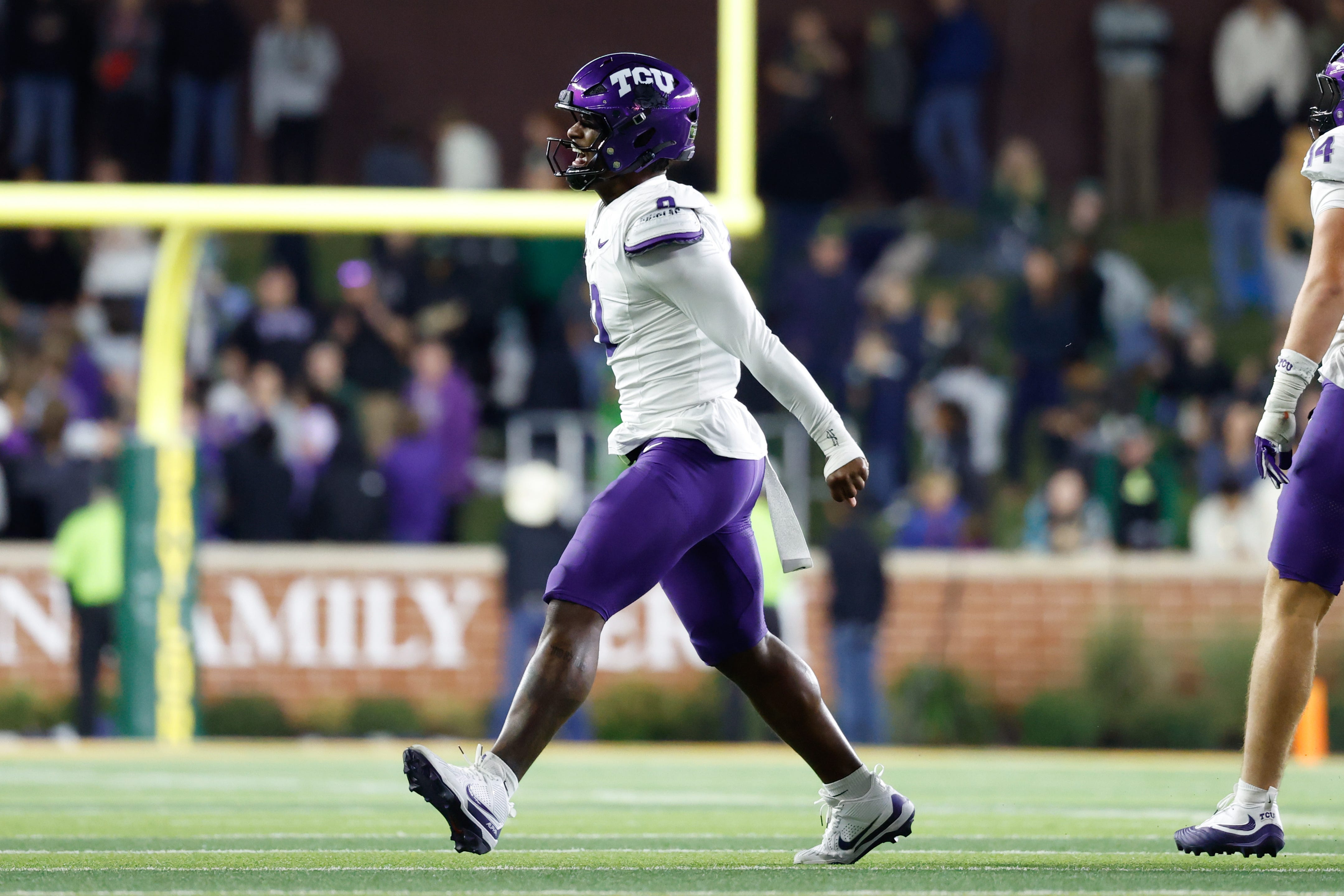Oct 17, 2026; Waco, Texas, USA;  TCU Horned Frogs edge rusher CJ Woodfork (9) reacts after a play against the Baylor Bears during the second half at McLane Stadium.  Mandatory Credit: Chris Jones-Imagn Images
