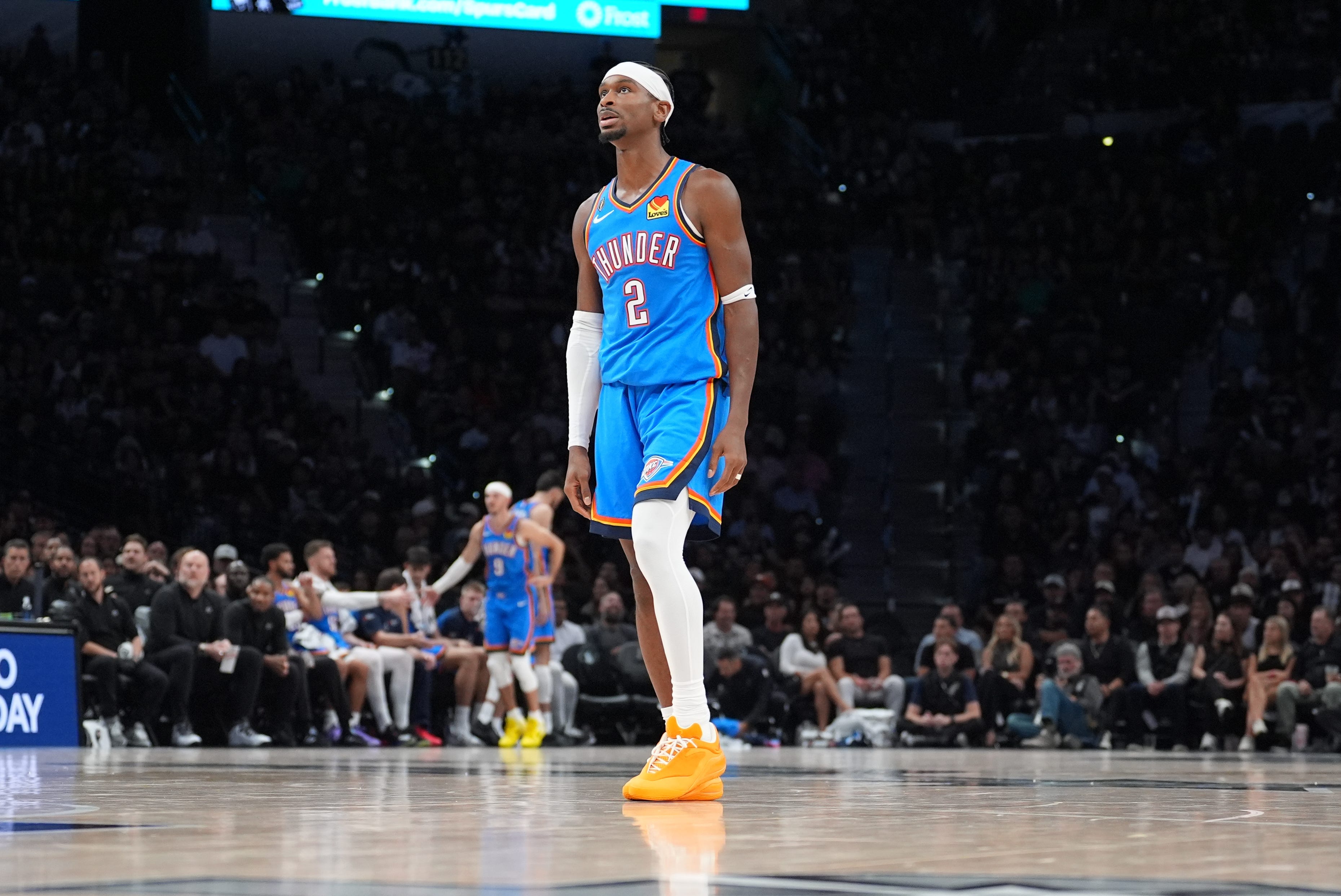 Oct 20, 2026; San Antonio, Texas, USA;  Oklahoma City Thunder guard Shai Gilgeous-Alexander (2) looks on during the second half against the San Antonio Spurs at Frost Bank Center.  Mandatory Credit: Daniel Dunn-Imagn Images