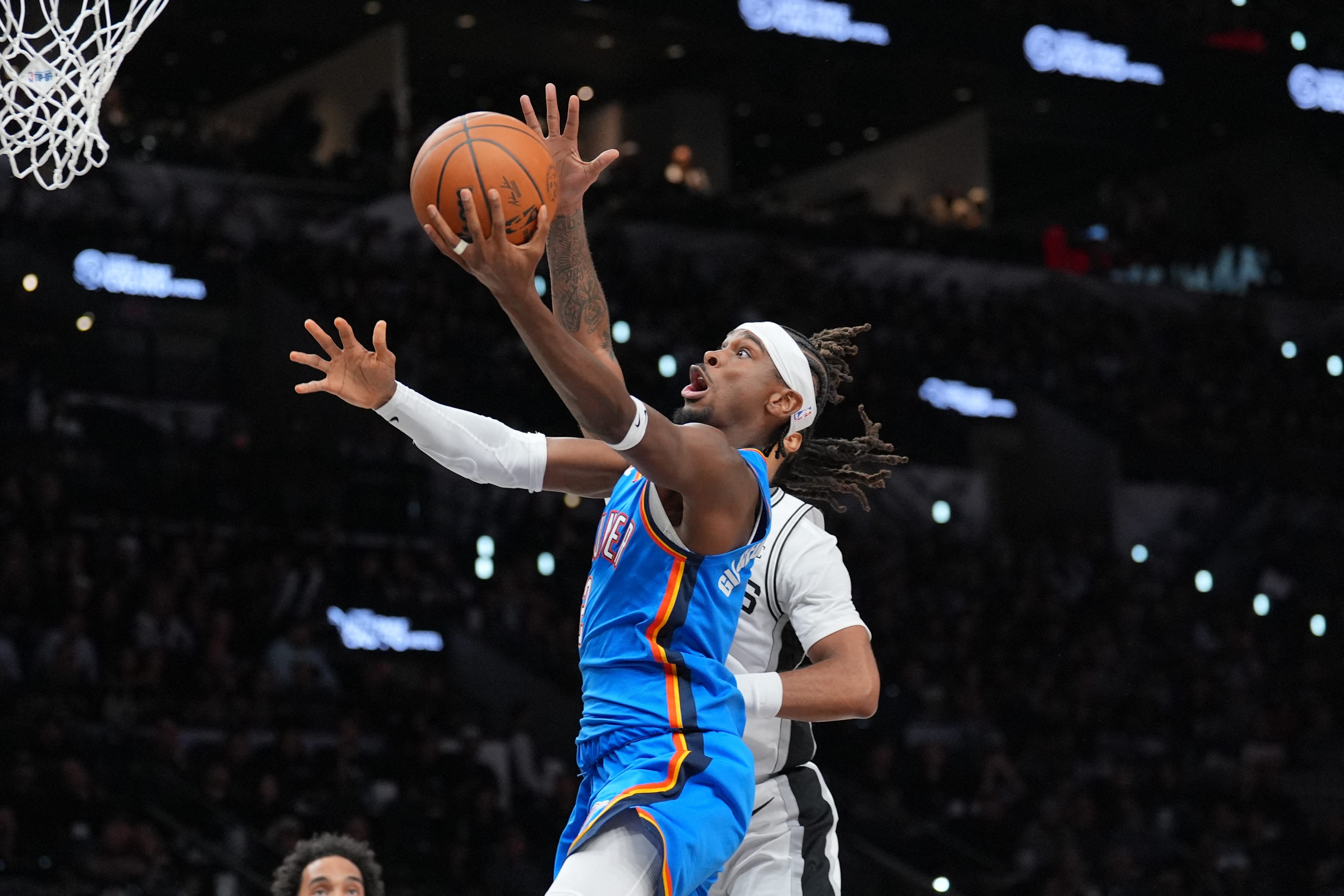 Oct 20, 2026; San Antonio, Texas, USA;  Oklahoma City Thunder guard Shai Gilgeous-Alexander (2) shoots in the first half against the San Antonio Spurs at Frost Bank Center.  Mandatory Credit: Daniel Dunn-Imagn Images