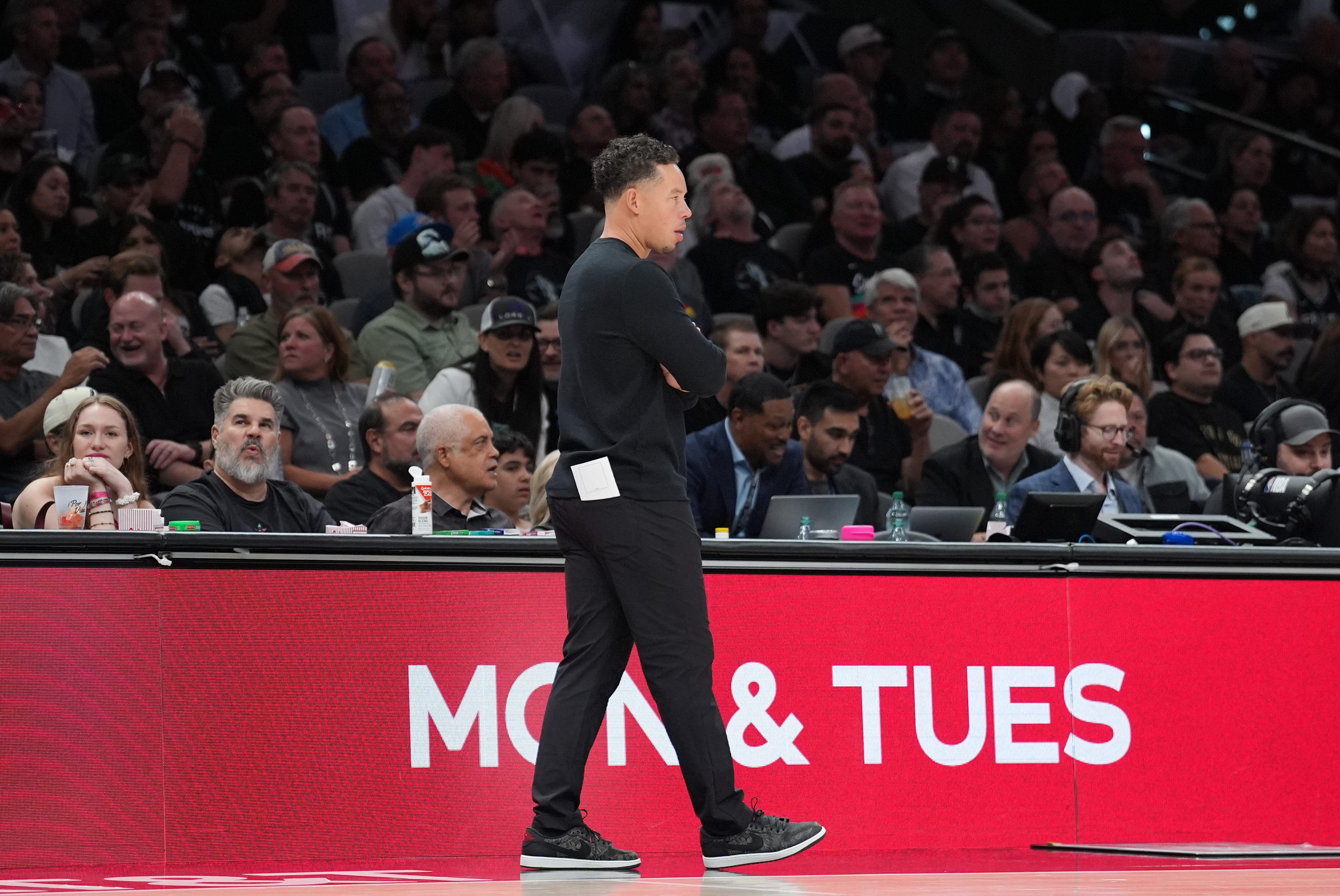 Oct 20, 2026; San Antonio, Texas, USA;  San Antonio Spurs head coach Mitch Johnson looks on in the second half against the Oklahoma City Thunder at Frost Bank Center.  Mandatory Credit: Daniel Dunn-Imagn Images