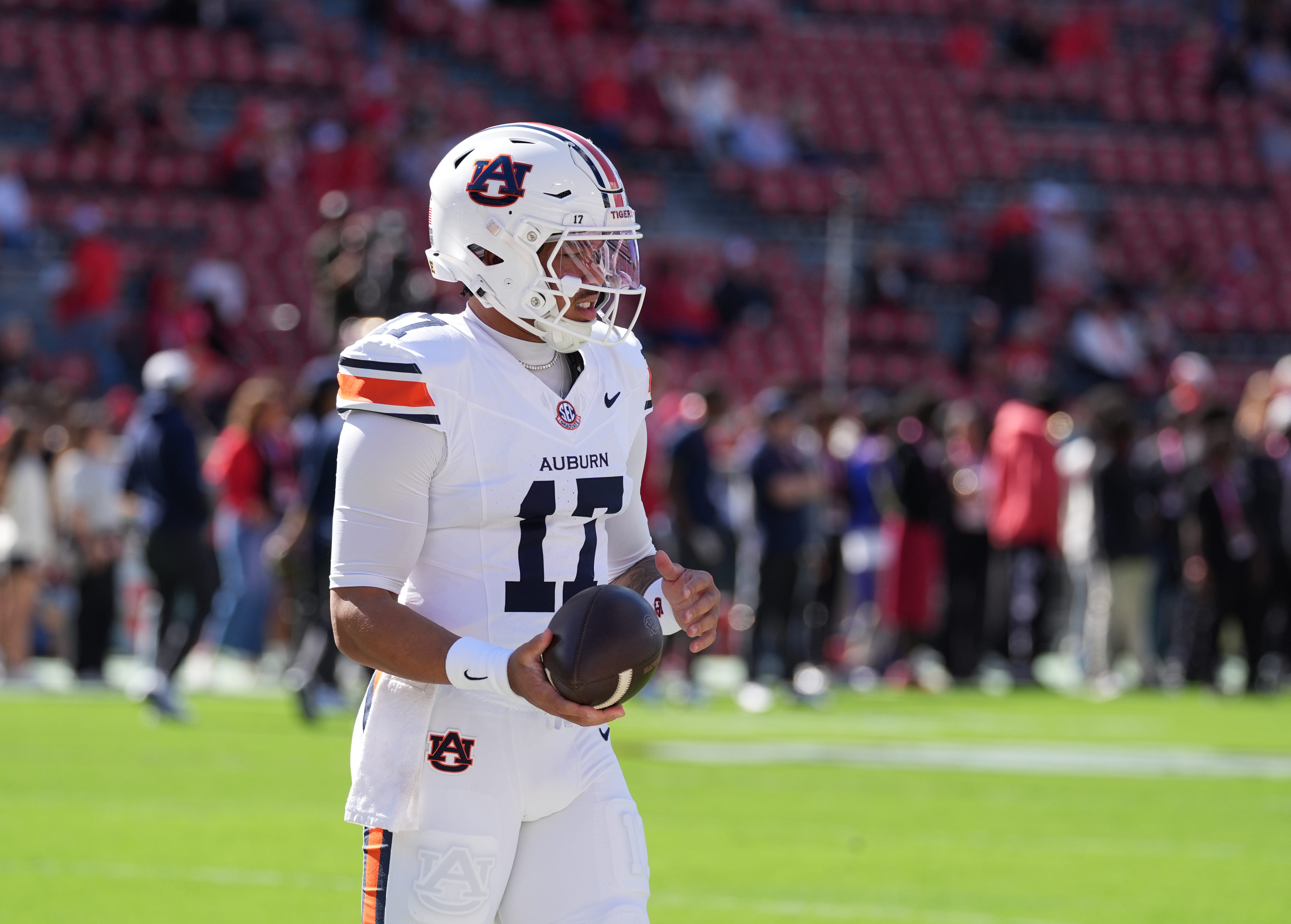 Oct 17, 2026; Athens, Georgia, USA;  Auburn quarterback Byrum Brown (17) warms up before a game against Georgia at Sanford Stadium.  Mandatory Credit: Dale Zanine-Imagn Images