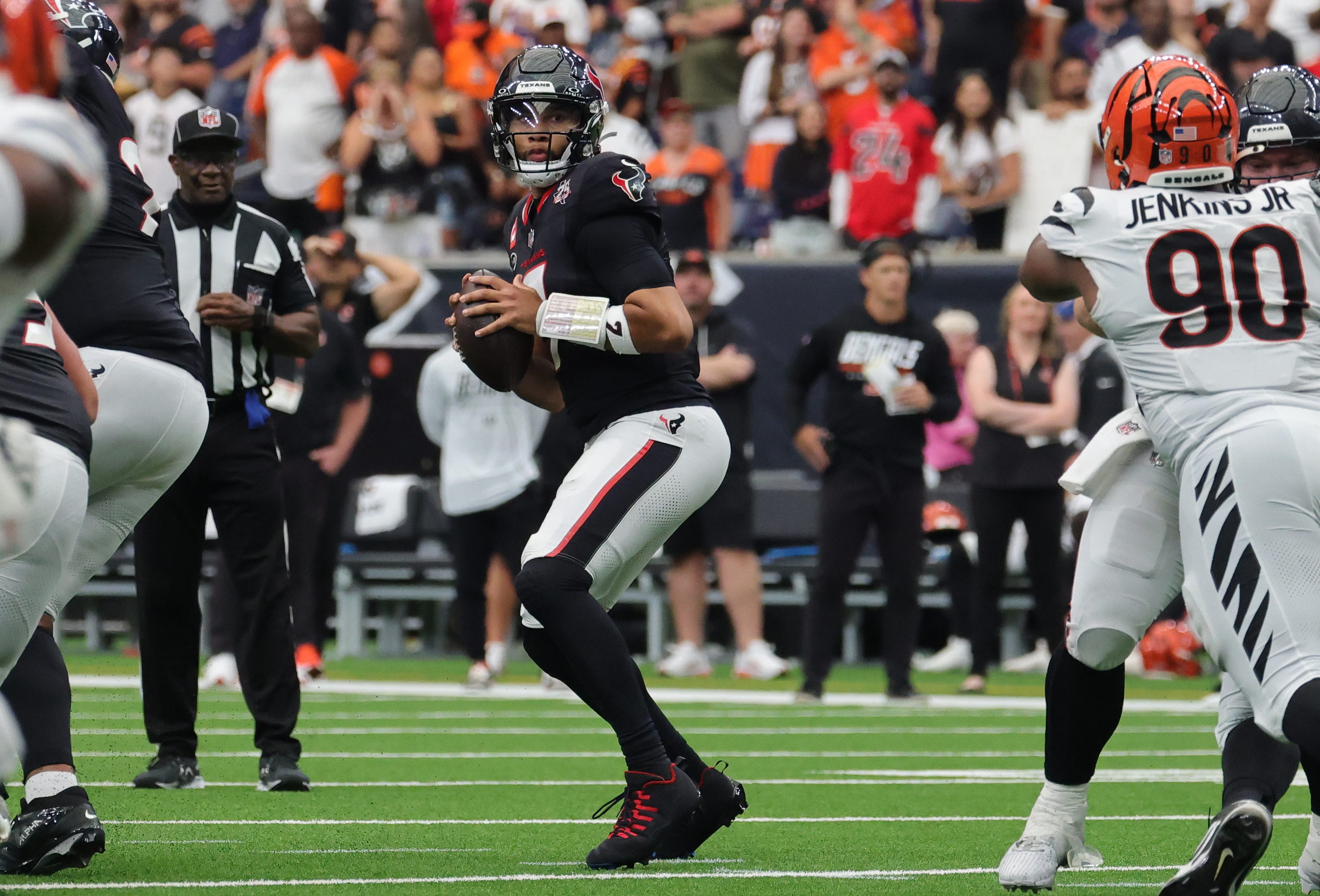 Sep 20, 2026; Houston, Texas, USA;  Houston Texans quarterback C.J. Stroud (7) drops to throw during the fourth quarter against the Cincinnati Bengals at Reliant Stadium.  Mandatory Credit: Thomas Shea-Imagn Images