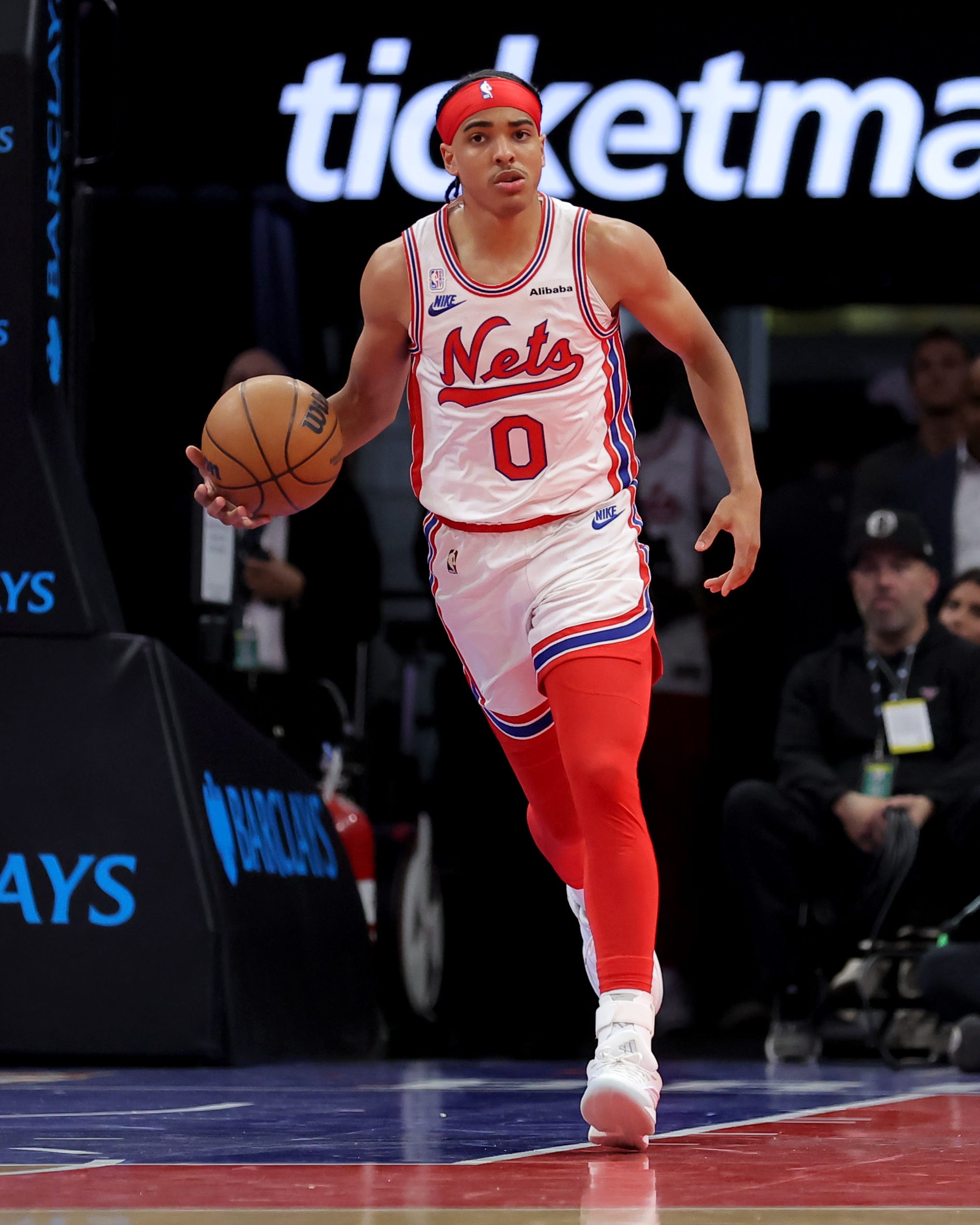 Oct 21, 2026; Brooklyn, New York, USA; Brooklyn Nets guard Mikel Brown Jr. (0) brings the ball up court against the Charlotte Hornets during the third quarter at Barclays Center. Mandatory Credit: Brad Penner-Imagn Images