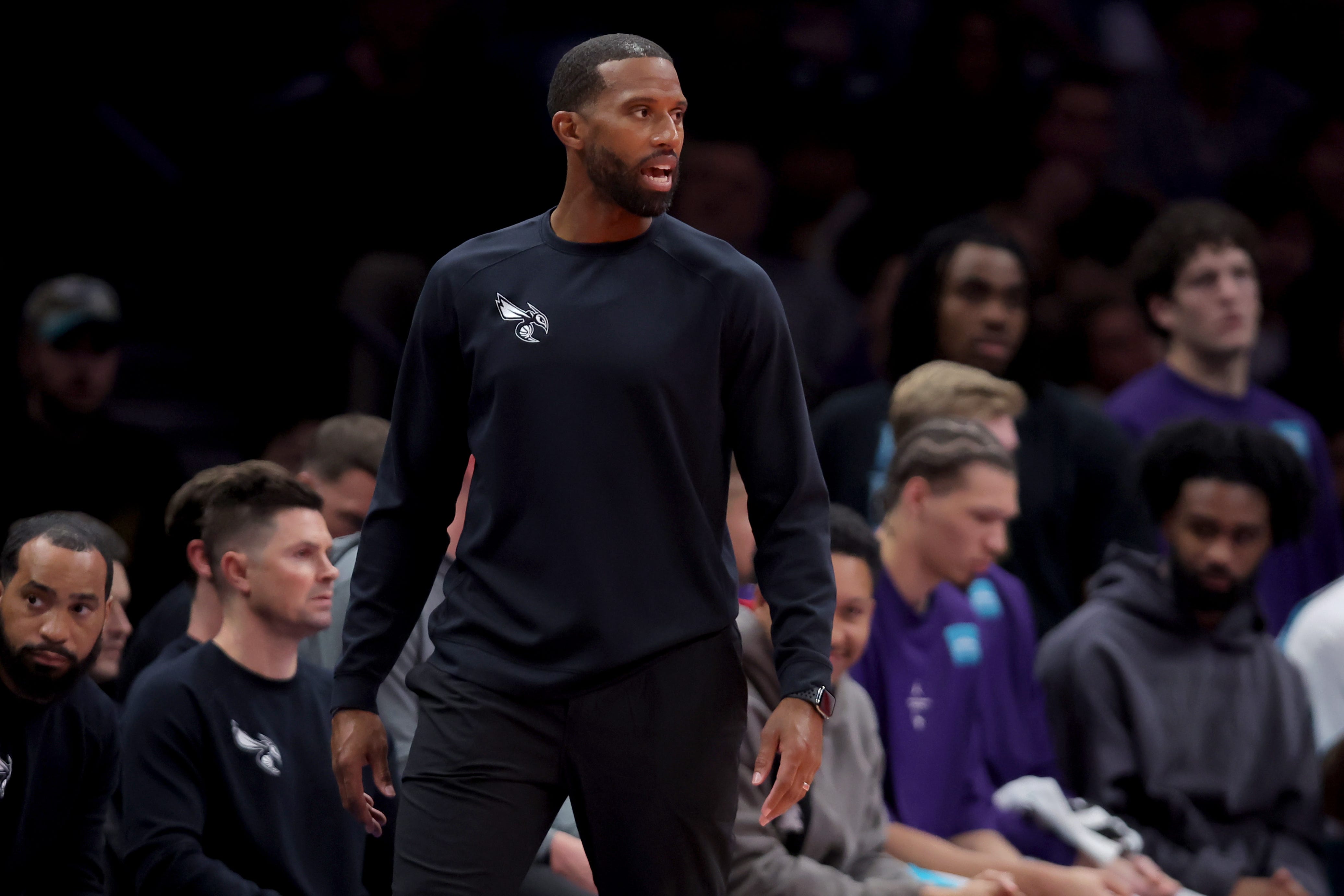 Oct 21, 2026; Brooklyn, New York, USA; Charlotte Hornets head coach Charles Lee coaches against the Brooklyn Nets during the third quarter at Barclays Center. Mandatory Credit: Brad Penner-Imagn Images