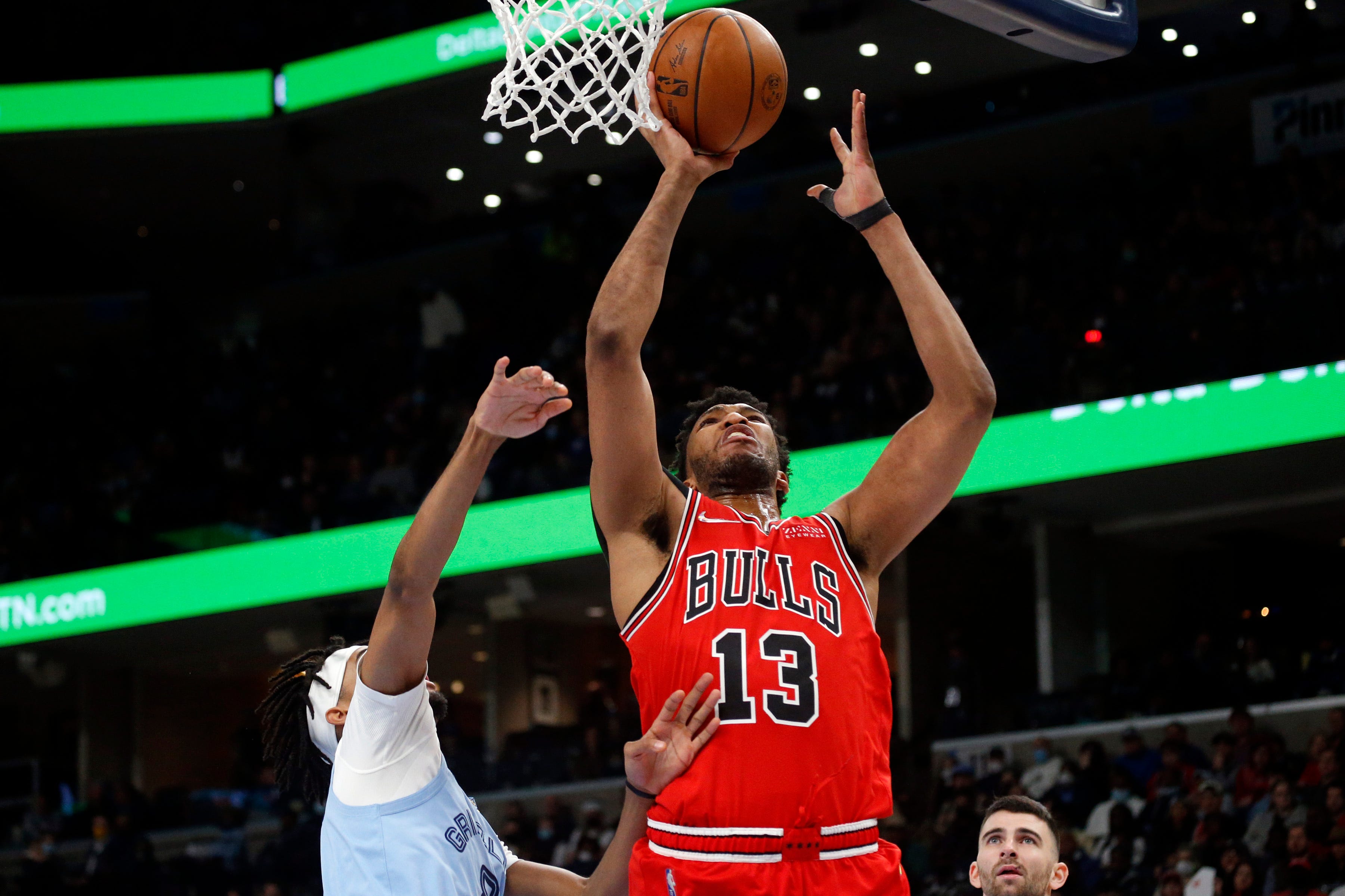 Jan 17, 2022; Memphis, Tennessee, USA; Chicago Bulls center Tony Bradley (13) shoots the ball during the second half against the Memphis Grizzles at FedExForum. Mandatory Credit: Petre Thomas-USA TODAY Sports