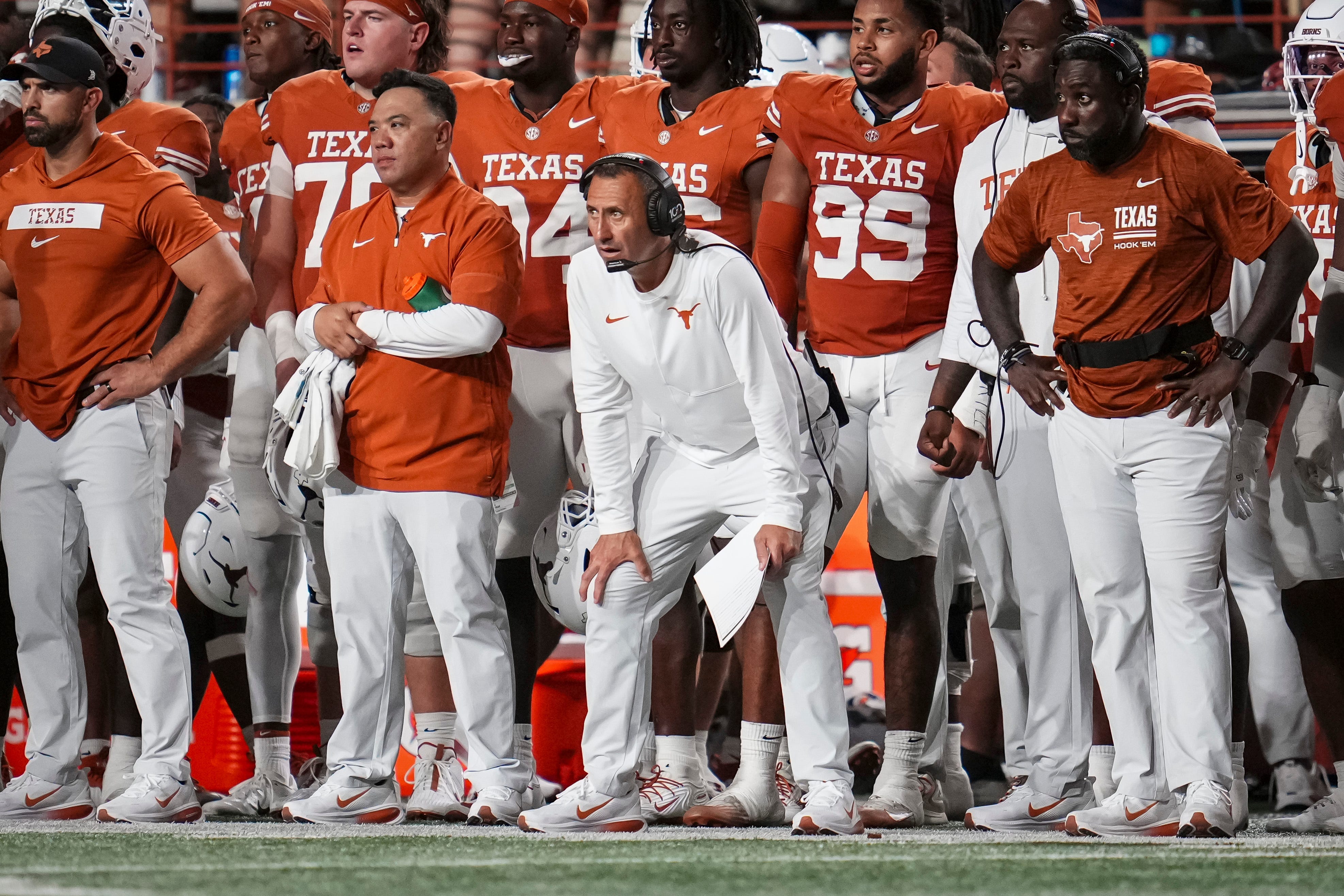Texas Longhorns head coach Steve Sarkisian watches during the NCAA football game against the Ohio State Buckeyes at Darrell K Royal–Texas Memorial Stadium in Austin, Texas on Sept. 12, 2026. Texas won 24-23.