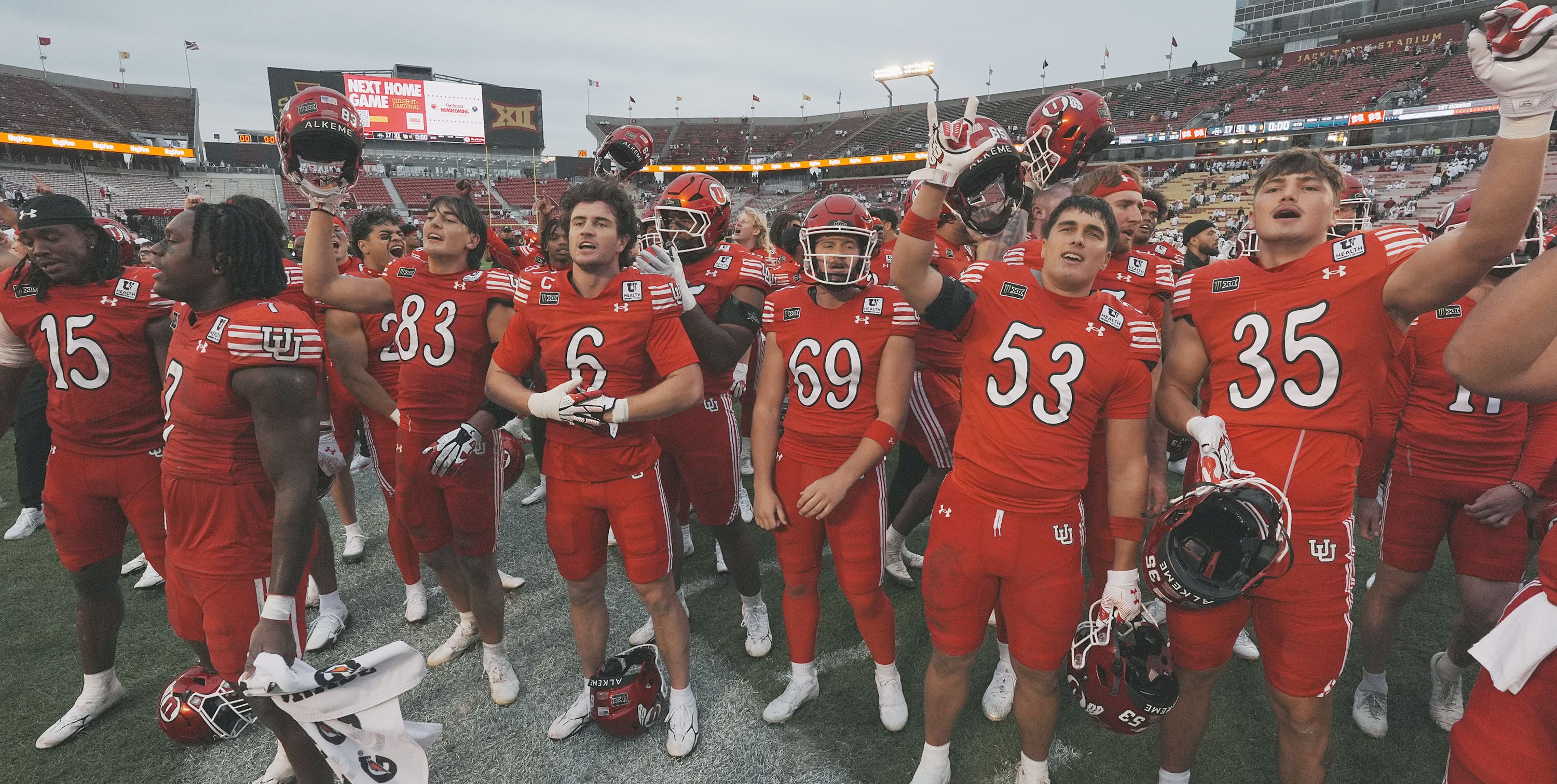 Utah football team celebrates after a 31-17 victory over Iowa State on Sept. 26, 2026, at Jack Trice Stadium in Ames, Iowa.