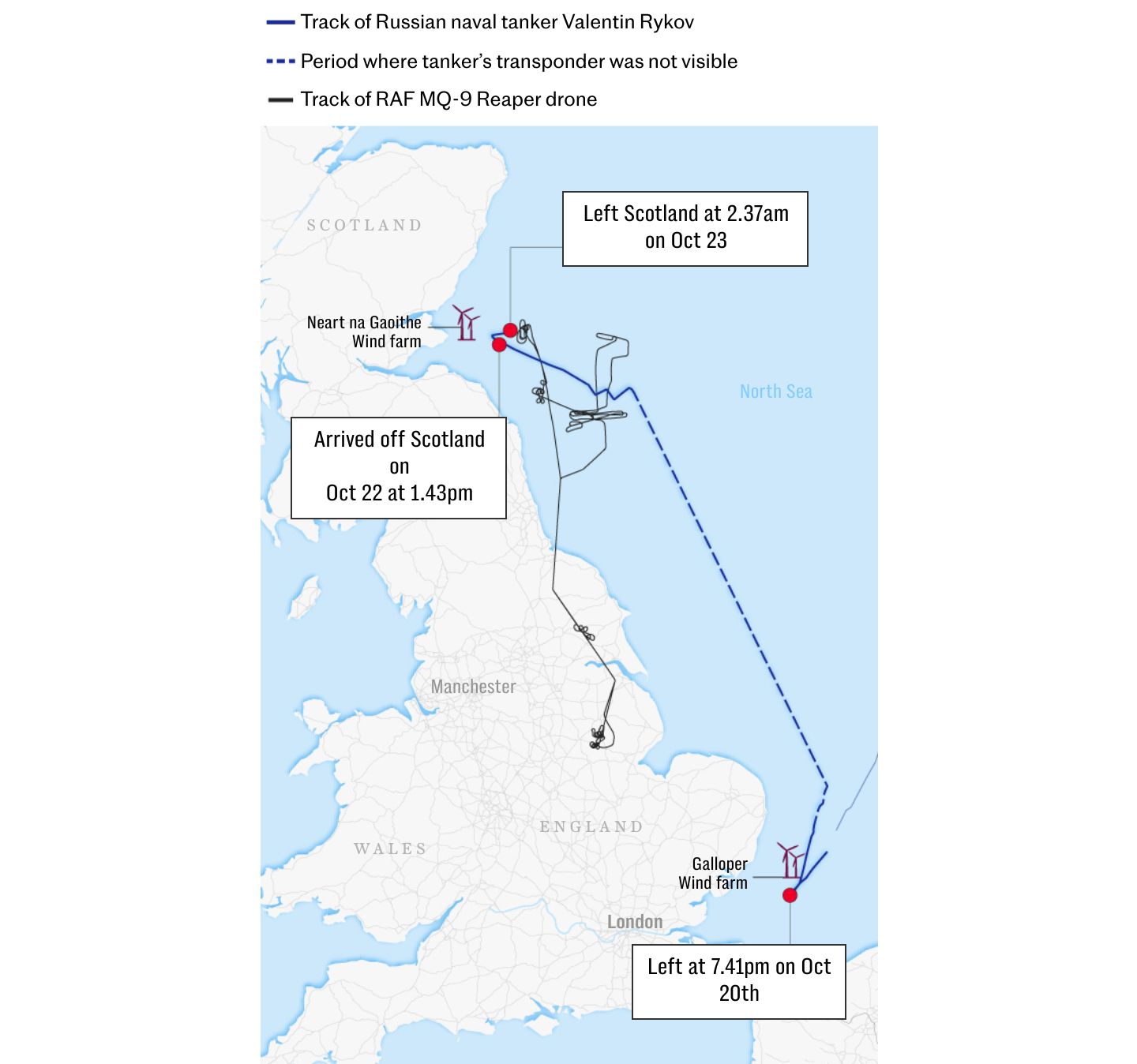 Drone and warship sent to monitor Russian navy vessel near wind farms
