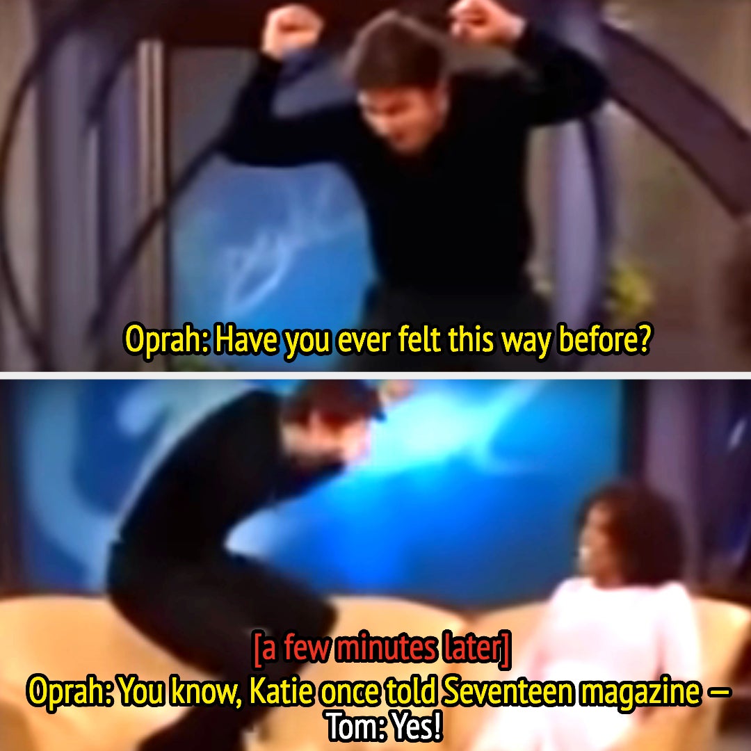 Tom jumps on the sofa in excitement as Oprah asks about his relationship