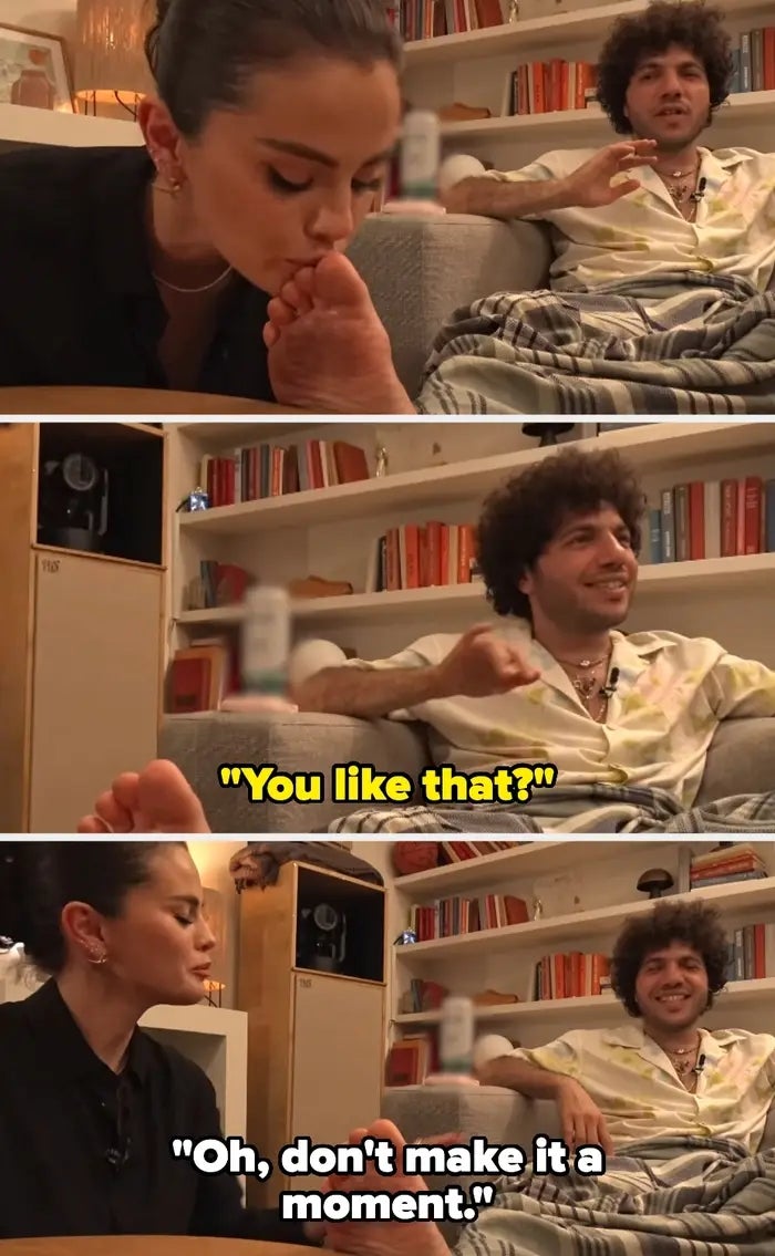 Selena kisses Benny's bare foot, and they joke about liking it