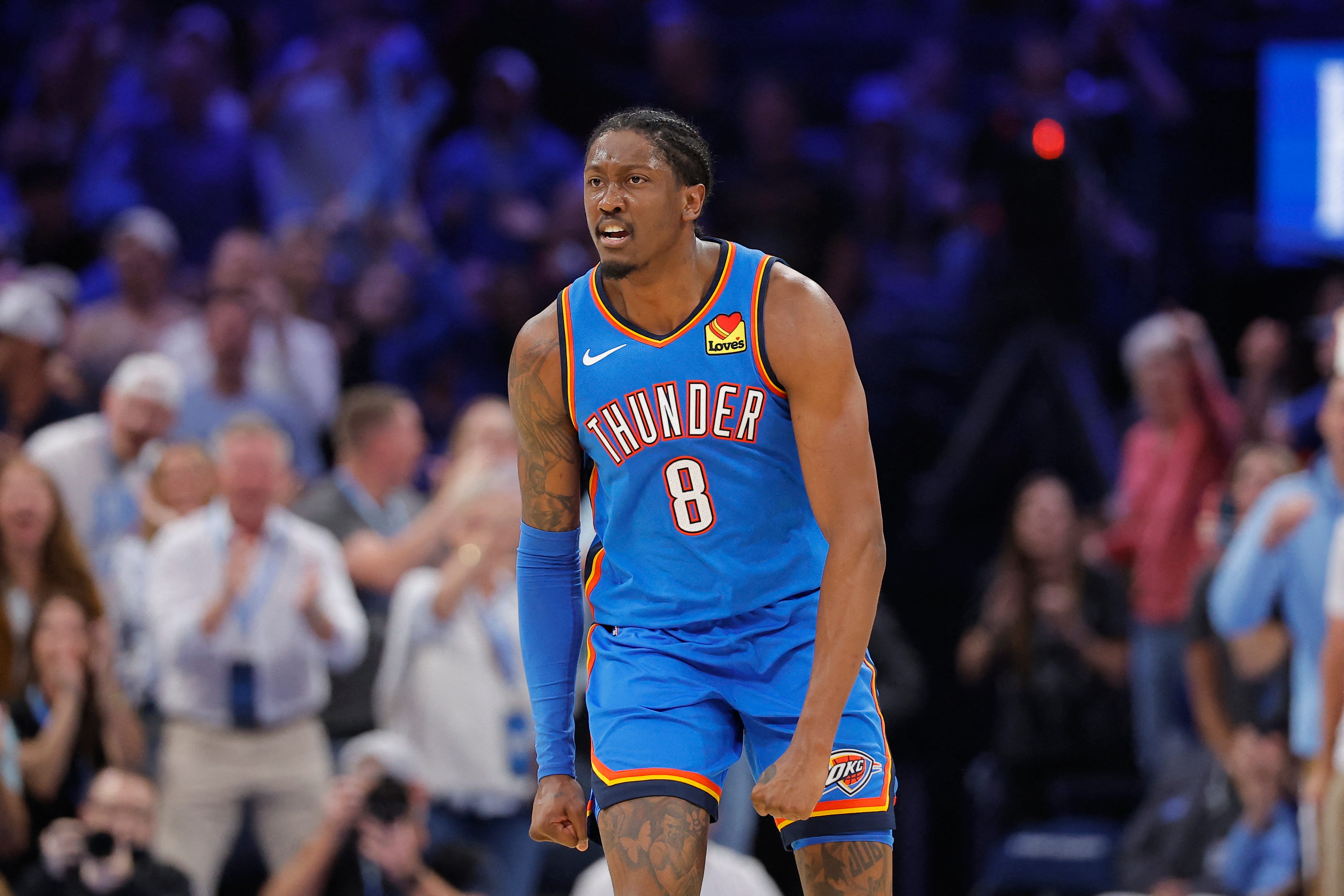 Oct 22, 2026; Oklahoma City, Oklahoma, USA; Oklahoma City Thunder guard Jalen Williams (8) reacts after scoring against the Denver Nuggets during the second half at Paycom Center. Mandatory Credit: Alonzo Adams-Imagn Images