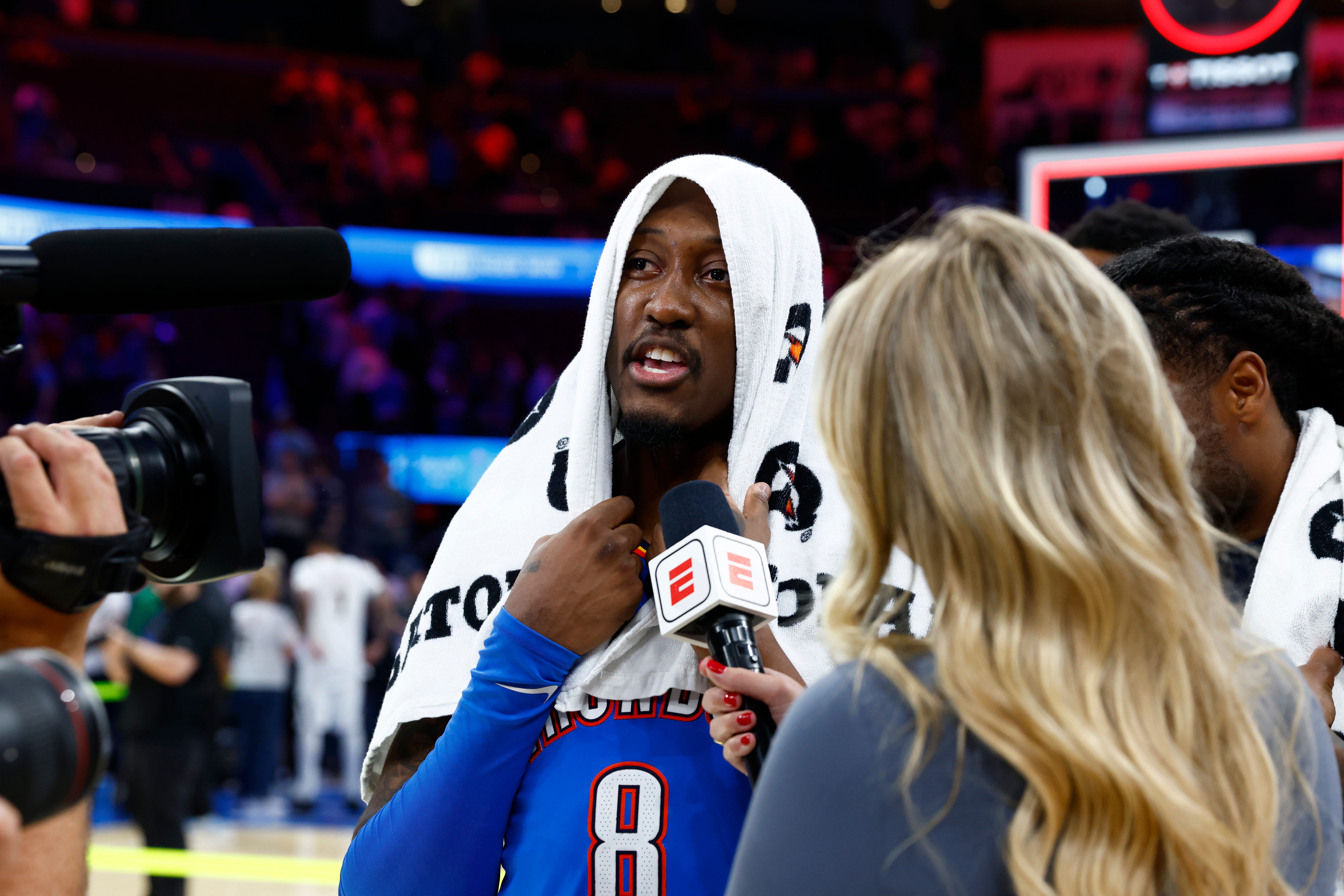 Oct 22, 2026; Oklahoma City, Oklahoma, USA; Oklahoma City Thunder guard Jalen Williams (8) speaks to a tv reporter after his team defeated the Denver Nuggets during the second half at Paycom Center. Mandatory Credit: Alonzo Adams-Imagn Images
