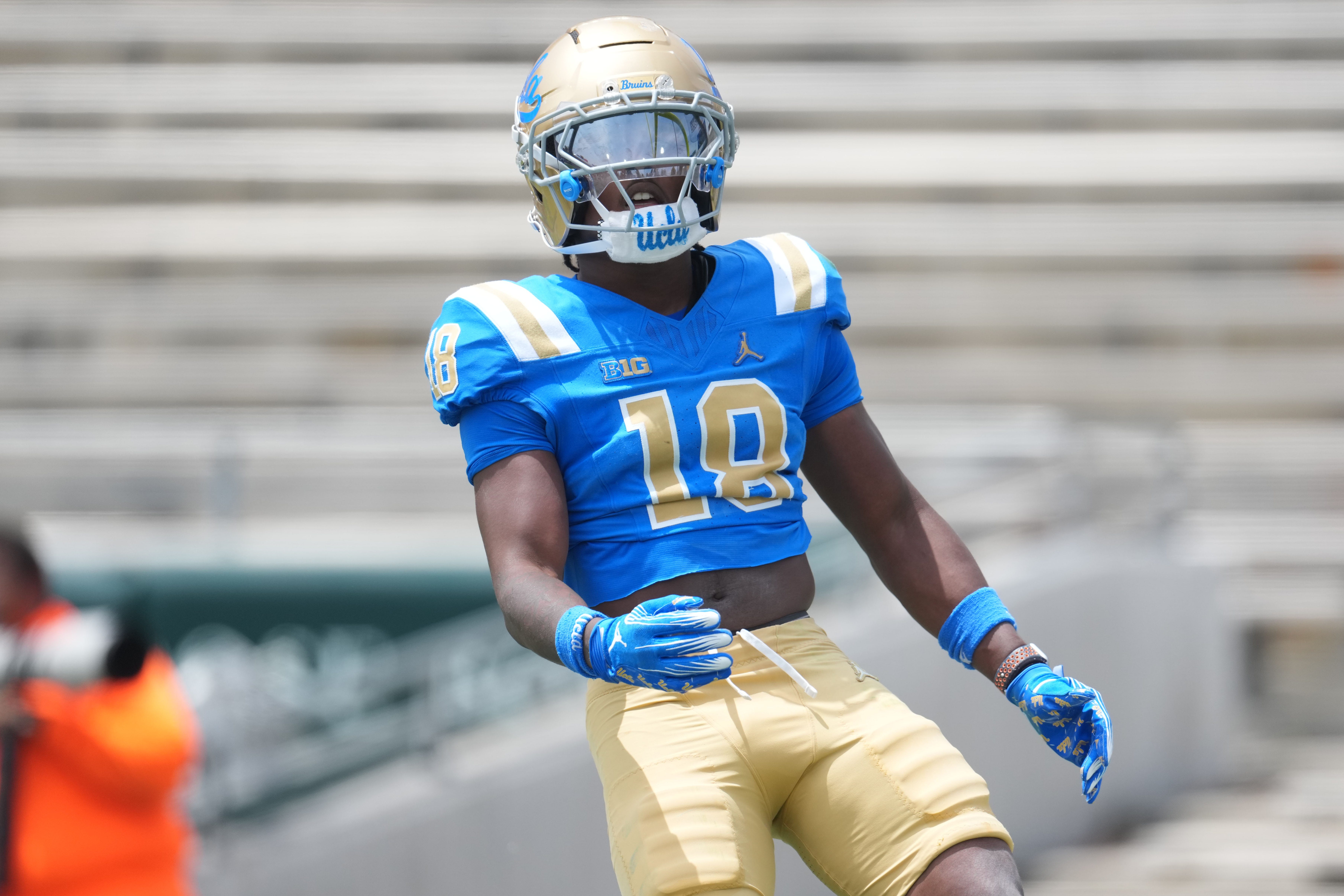 May 2, 2026; Pasadena, CA, USA; UCLA Bruins defensive back Osiris Gilbert (18) during the spring game at Rose Bowl. Mandatory Credit: Kirby Lee-Imagn Images