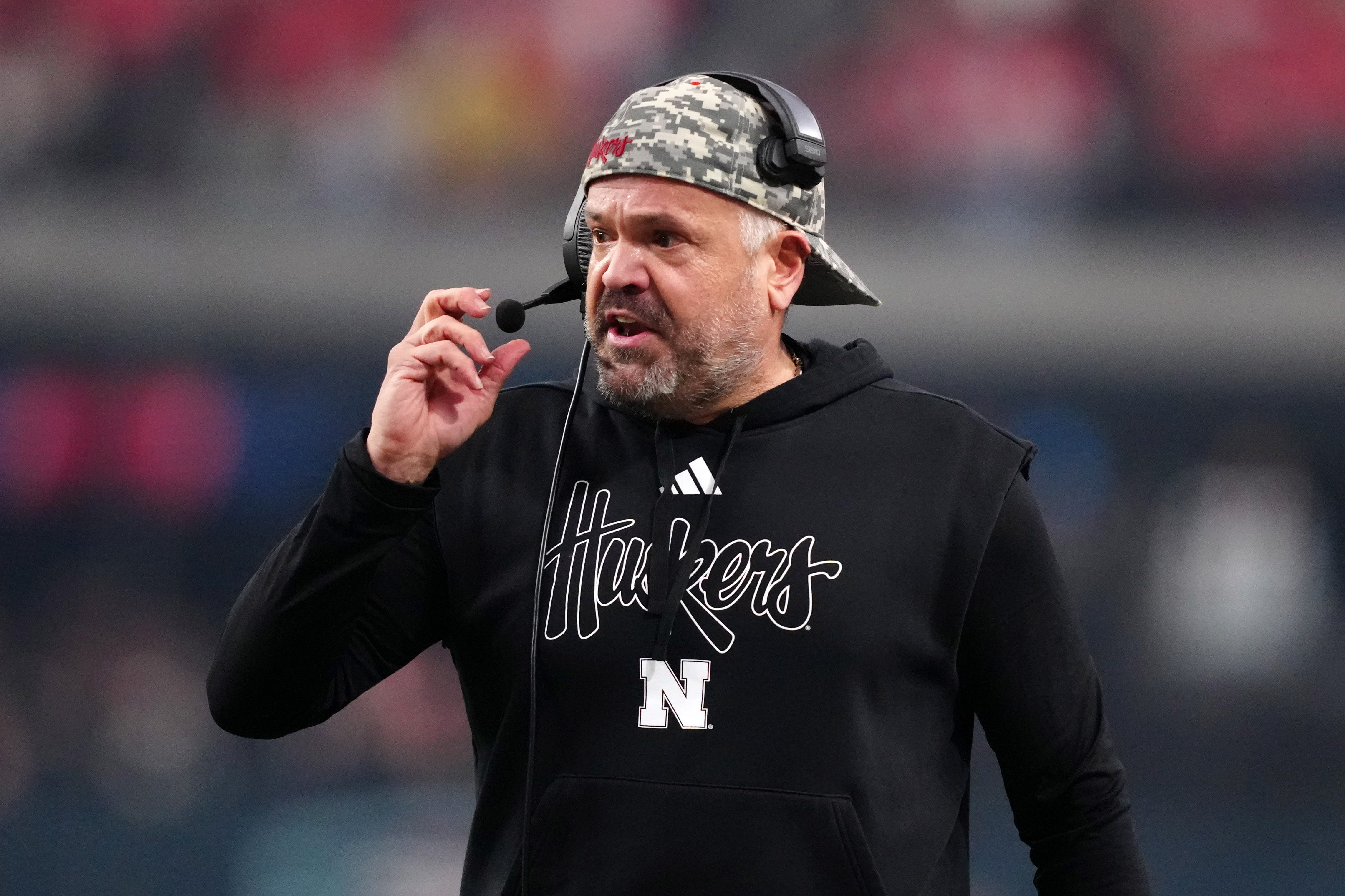 Dec 31, 2025; Las Vegas, NV, USA; Nebraska Cornhuskers head coach Matt Rhule gestures against the Utah Utes in the first half during the SRS Distribution Las Vegas Bowl at Allegiant Stadium. Mandatory Credit: Kirby Lee-Imagn Images
