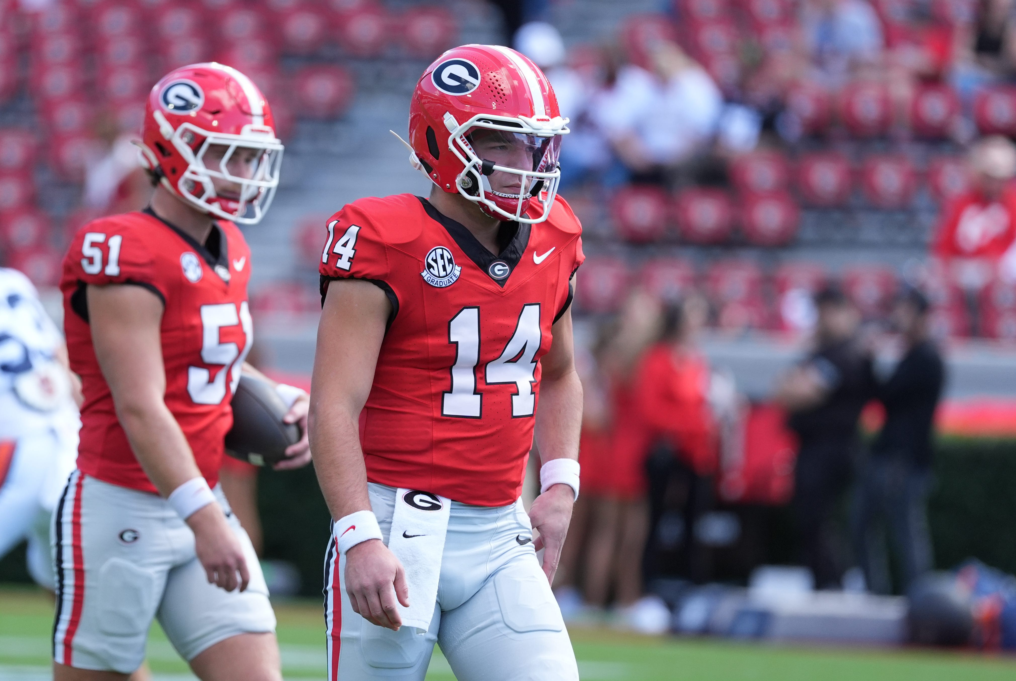 Oct 17, 2026; Athens, Georgia, USA;  Georgia quarterback Gunner Stockton (14) warms up before a game against Auburn at Sanford Stadium.  Mandatory Credit: Dale Zanine-Imagn Images