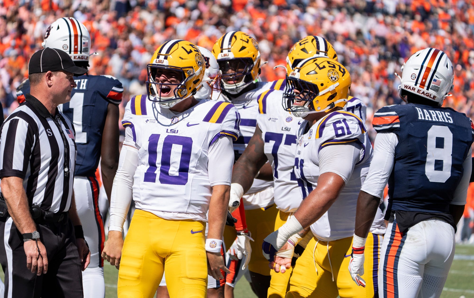 LSU Tigers quarterback Sam Leavitt (10) celebrates his touchdown run as Auburn Tigers take on LSU Tigers at Jordan-Hare Stadium in Auburn, Ala. on Saturday, Oct. 24, 2026. LSU Tigers lead Auburn Tigers 31-10 at halftime.