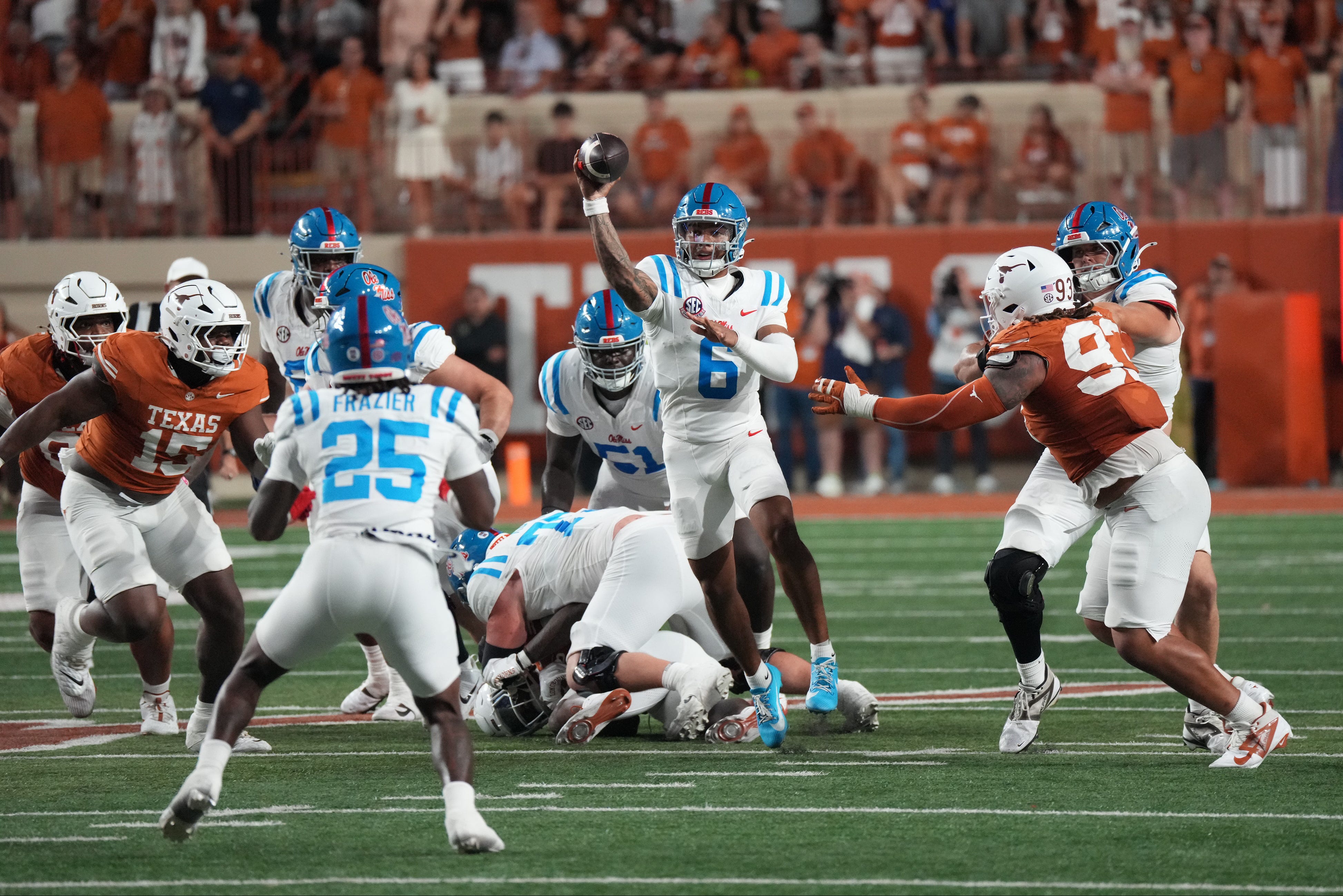 Oct 24, 2026; Austin, Texas, USA;  Mississippi Rebels quarterback Trinidad Chambliss (6) throws a pass during the second half against the Texas Longhorns at Darrell K Royal-Texas Memorial Stadium.  Mandatory Credit: Scott Wachter-Imagn Images
